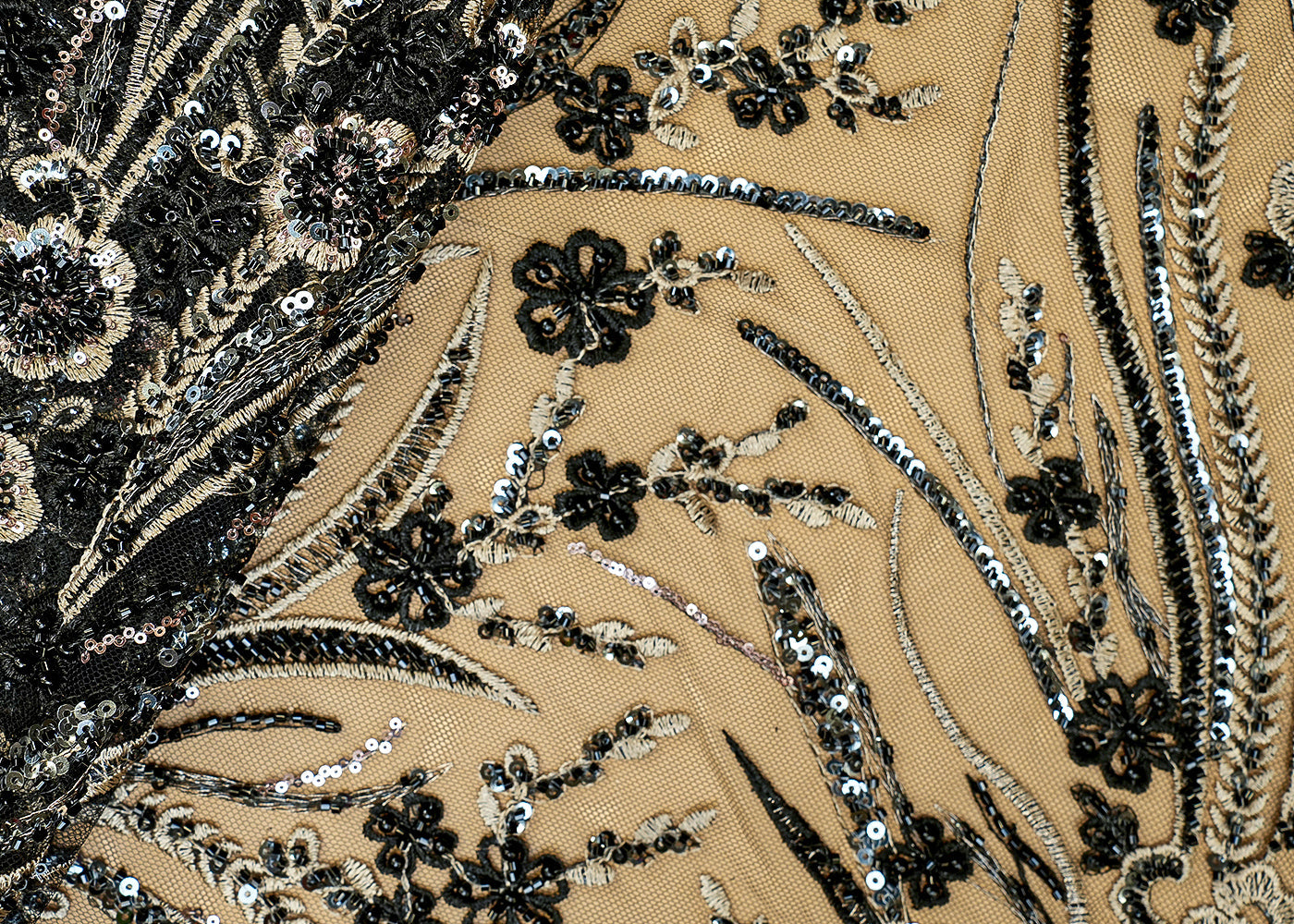 Black Net Fabric with Allover Katdana and Sequins Flowers Pattern 12377