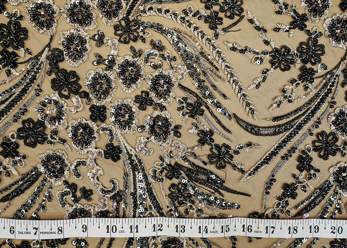 Black Net Fabric with Allover Katdana and Sequins Flowers Pattern 12377