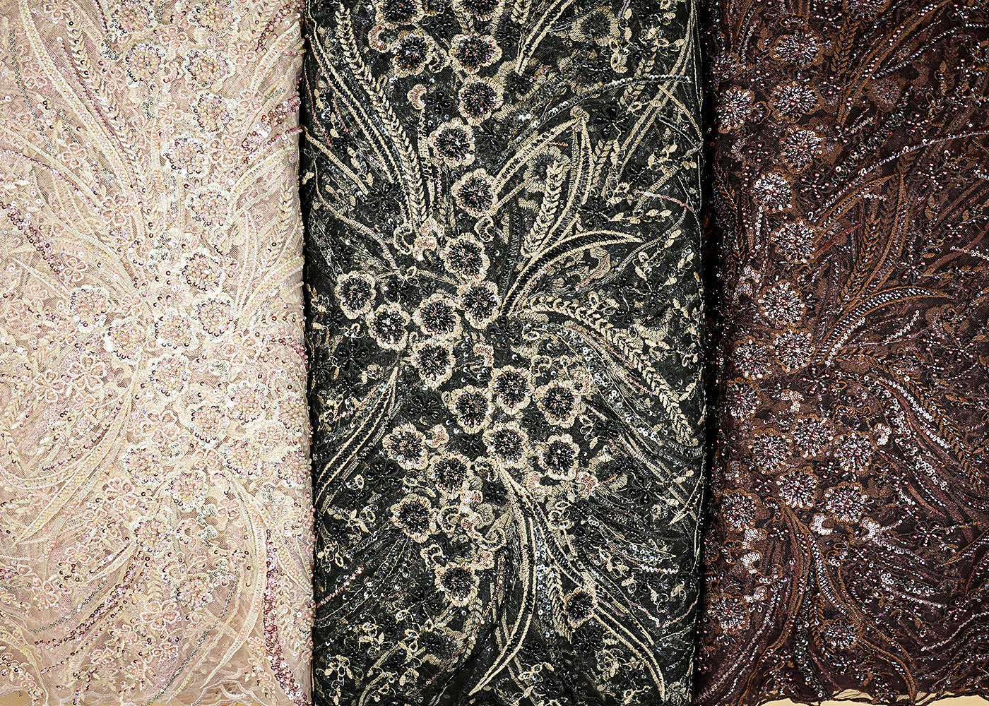 Black Net Fabric with Allover Katdana and Sequins Flowers Pattern 12377