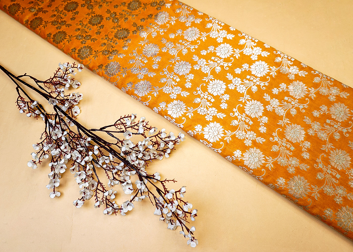Beautiful Mustard Banarasi Brocade with Allover Silver Thread Handloom