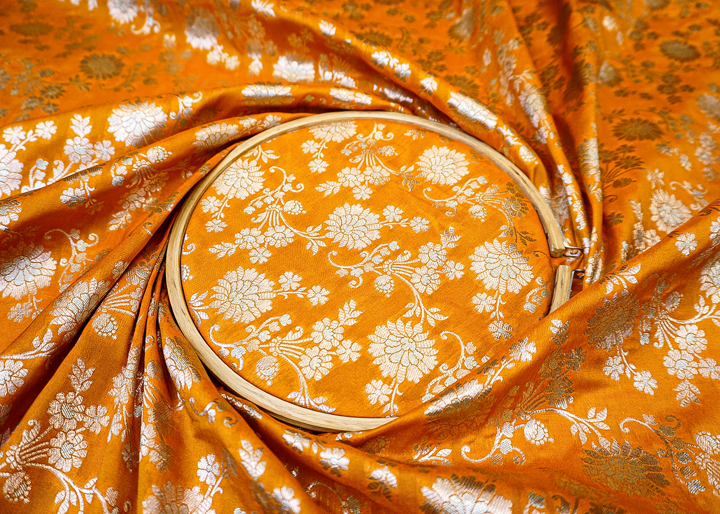Beautiful Mustard Banarasi Brocade with Allover Silver Thread Handloom