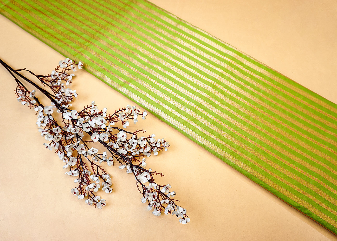 Beautiful Parrot Green Banarasi Brocade with Strips of Silver & GoldenThread Handloom