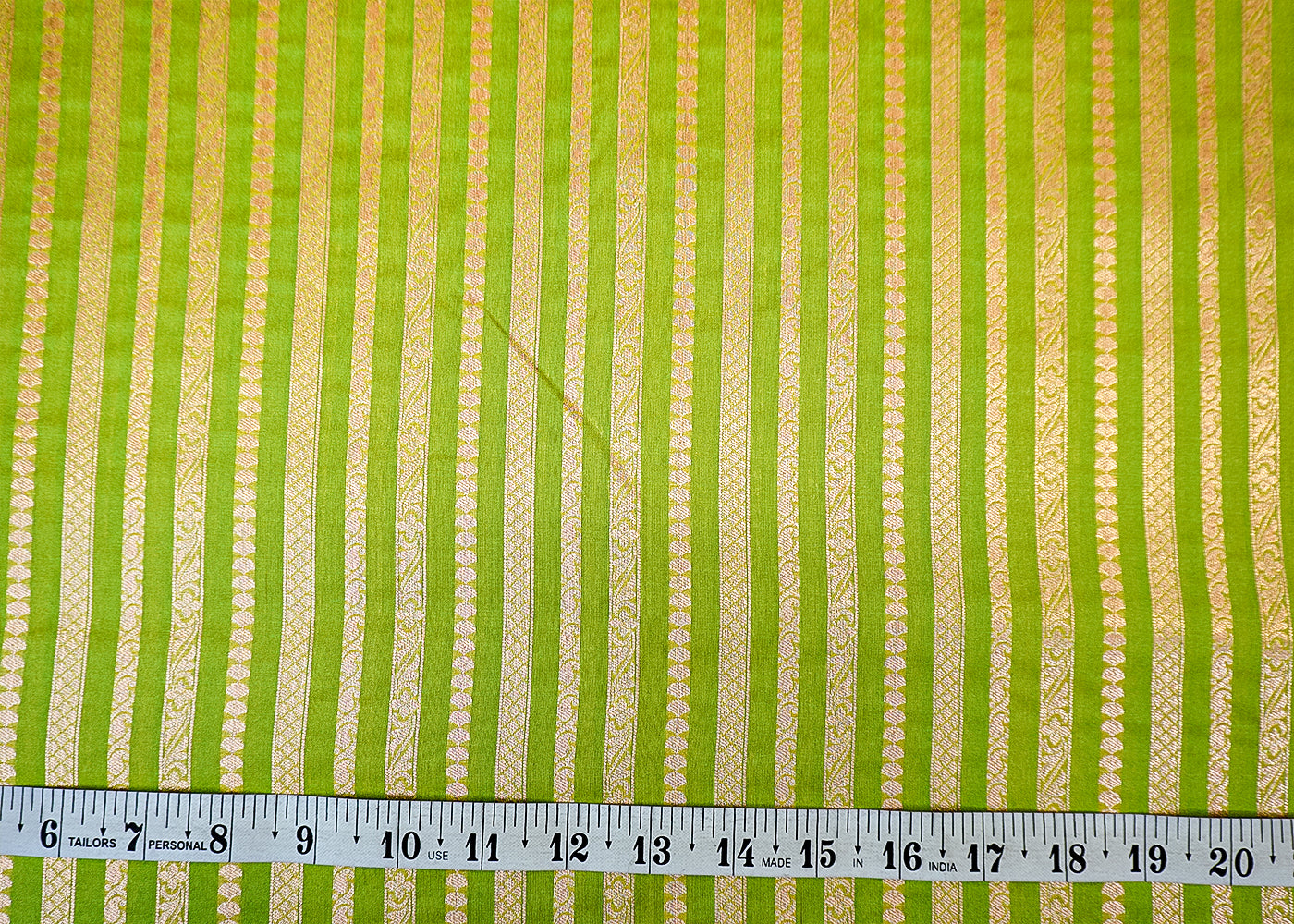 Beautiful Parrot Green Banarasi Brocade with Strips of Silver & GoldenThread Handloom