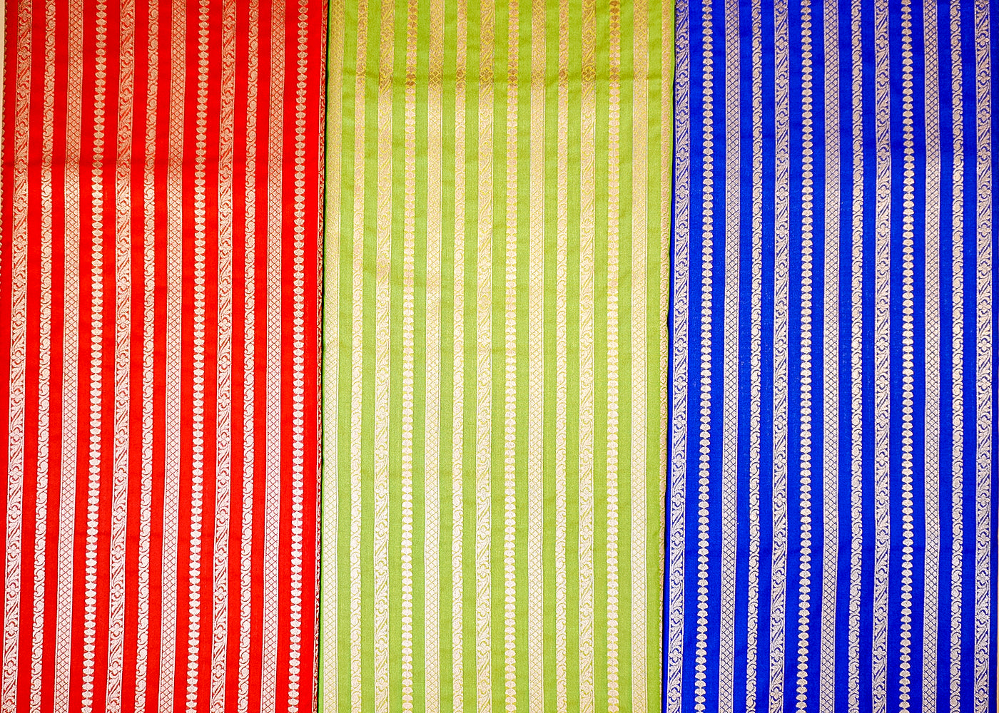 Beautiful Parrot Green Banarasi Brocade with Strips of Silver & GoldenThread Handloom