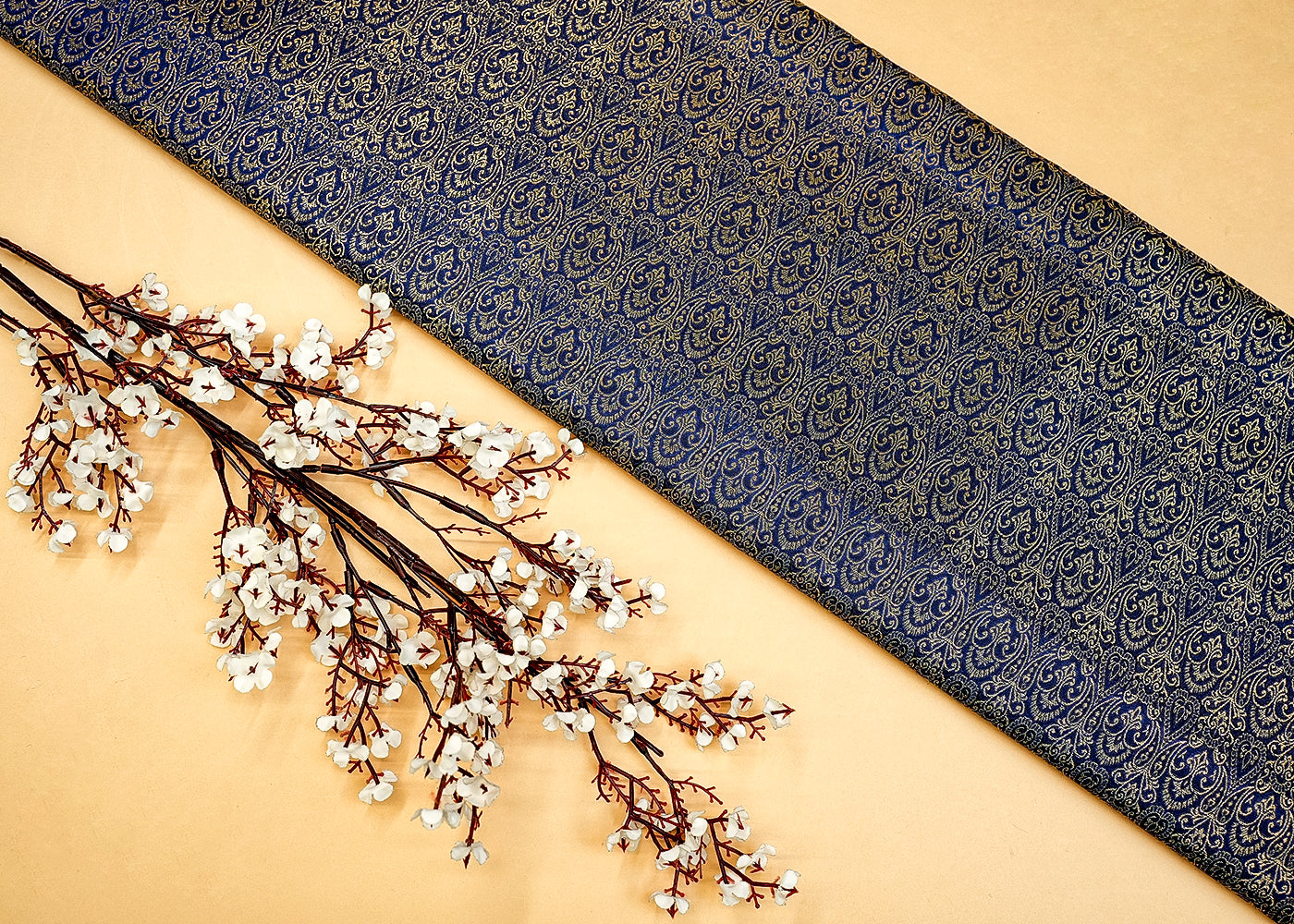 Navy Blue Regal Radiance Banarasi Brocade with Allover Golden Thread Handloom