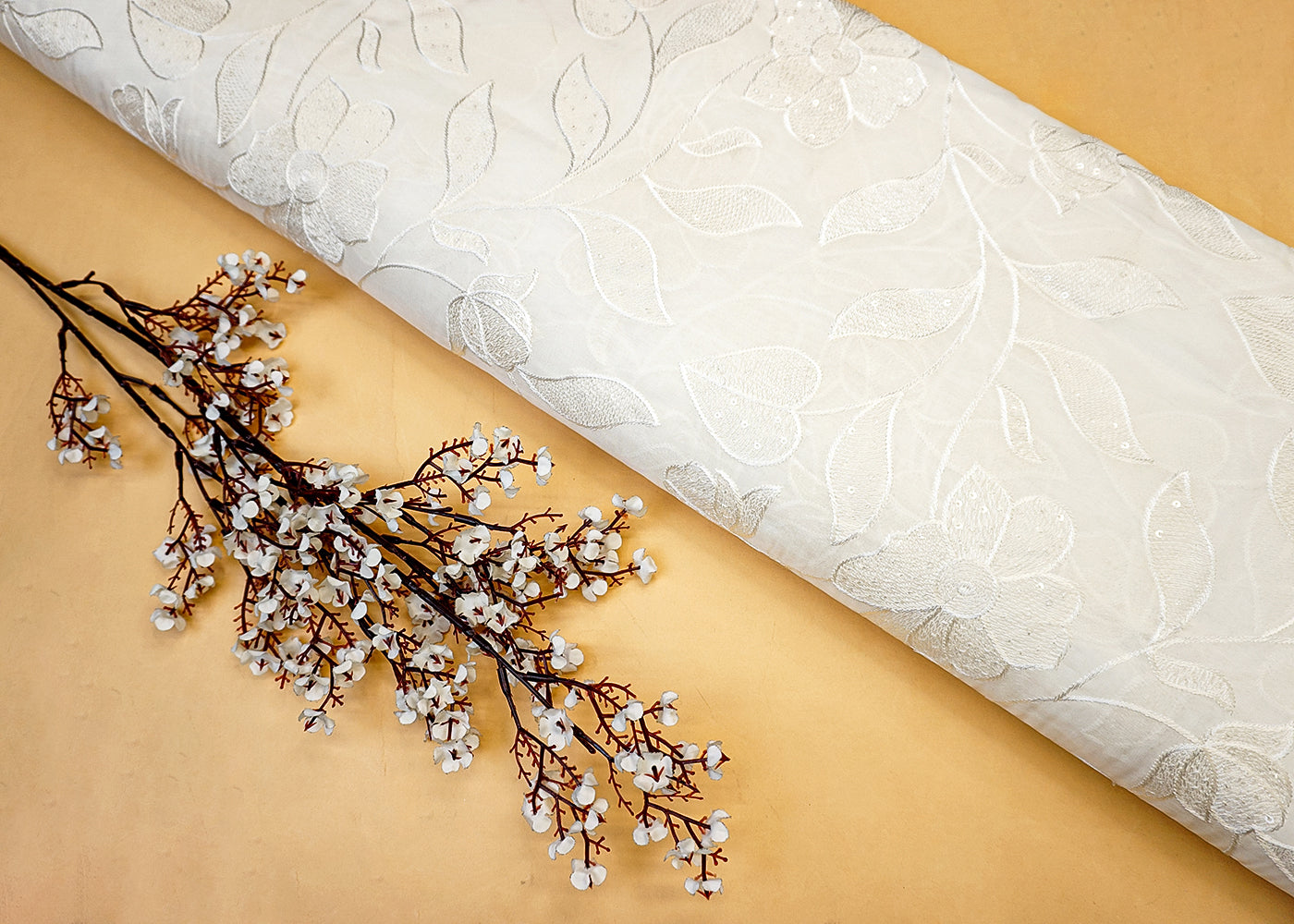 Dyeable Organza Fabric with Allover Floral Pattern of Thread & Sequins 12429