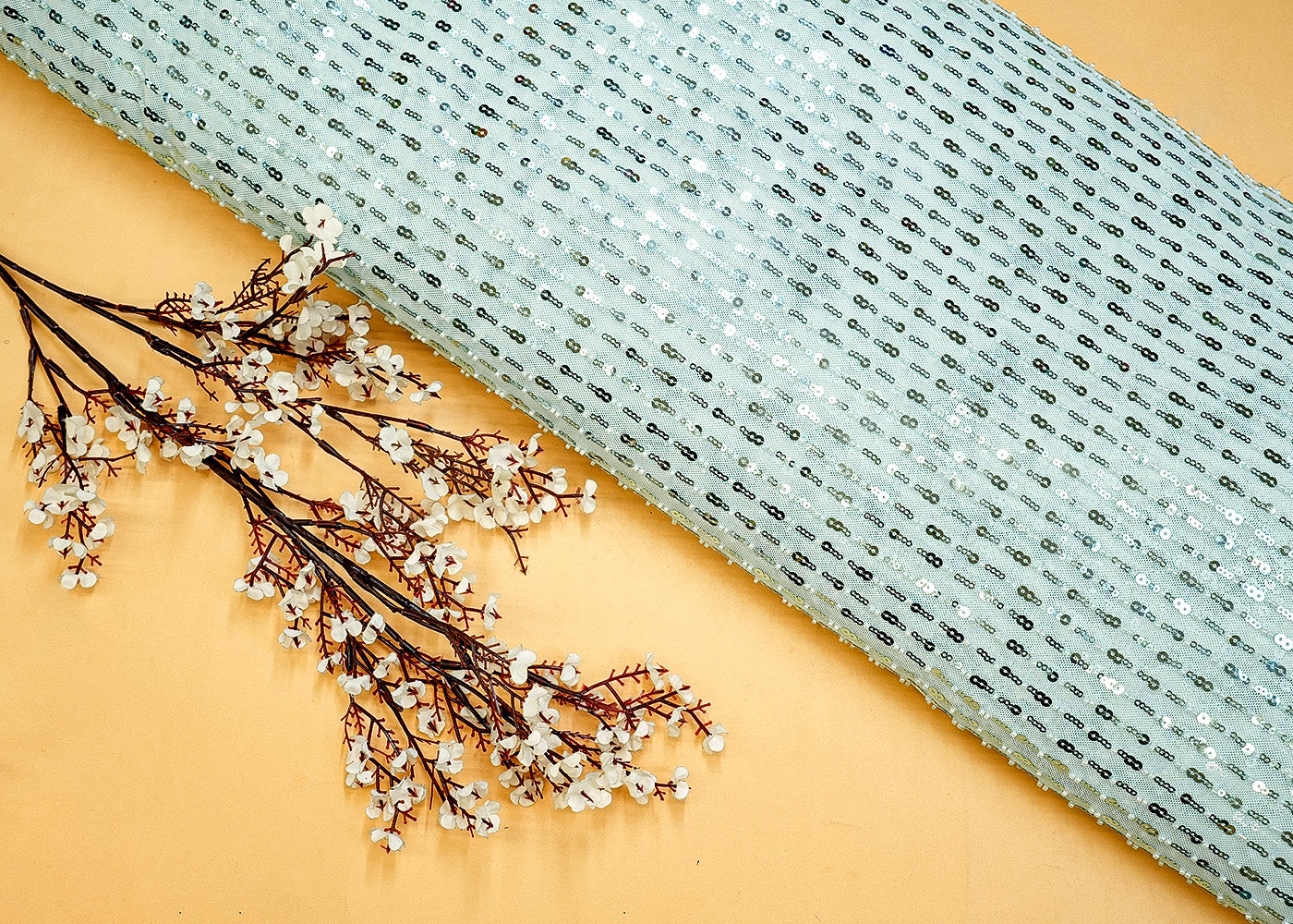 Powder Blue Imported Lycra Net Fabric with Sequins & Katdana Work