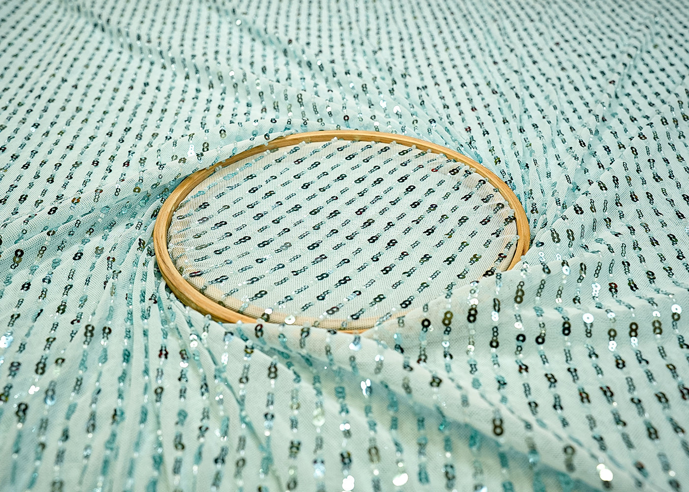 Powder Blue Imported Lycra Net Fabric with Sequins & Katdana Work
