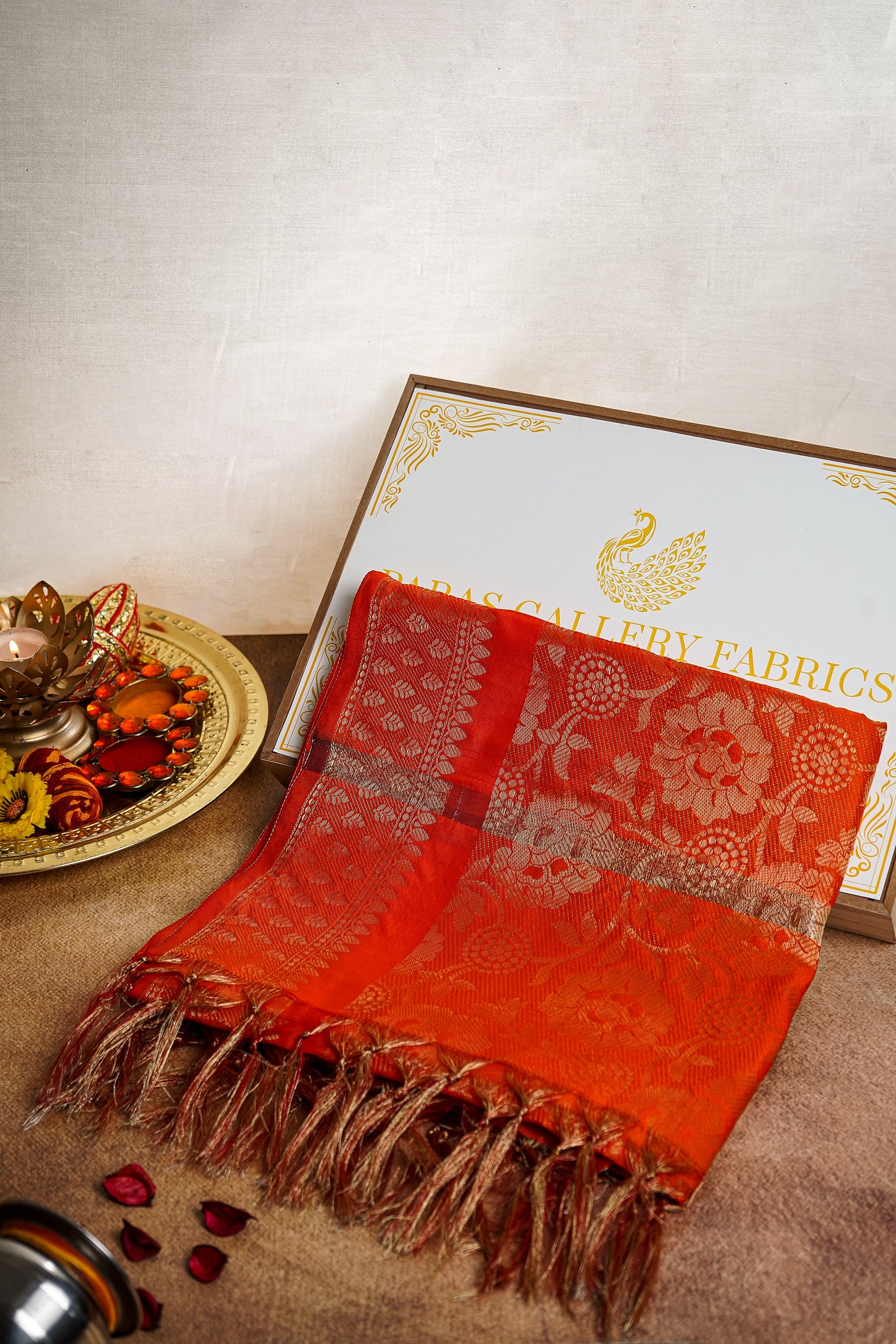 Orange Banarasi Brocade Dupatta With All Over Zari Handloom 12515