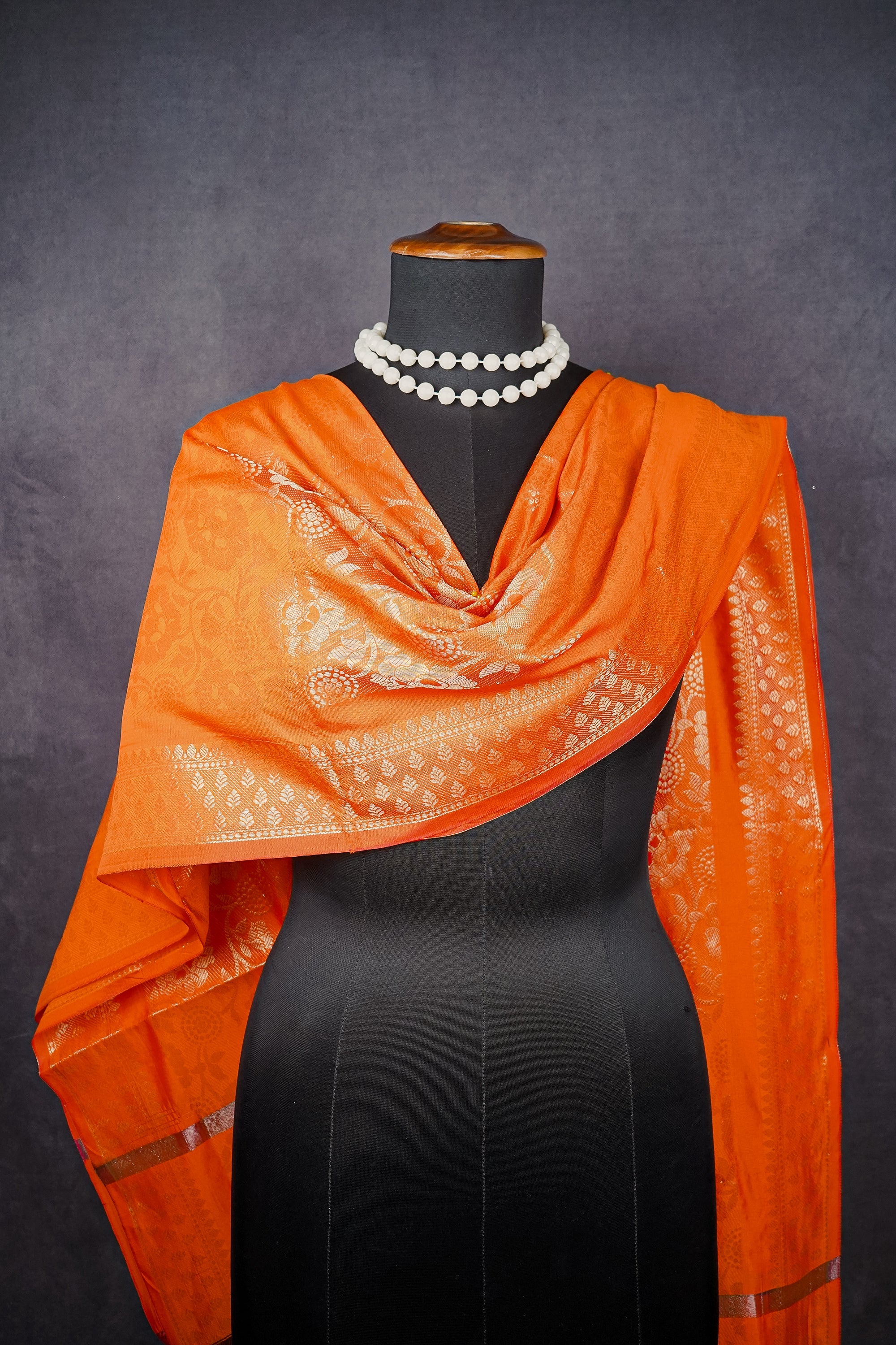 Orange Banarasi Brocade Dupatta With All Over Zari Handloom 12515