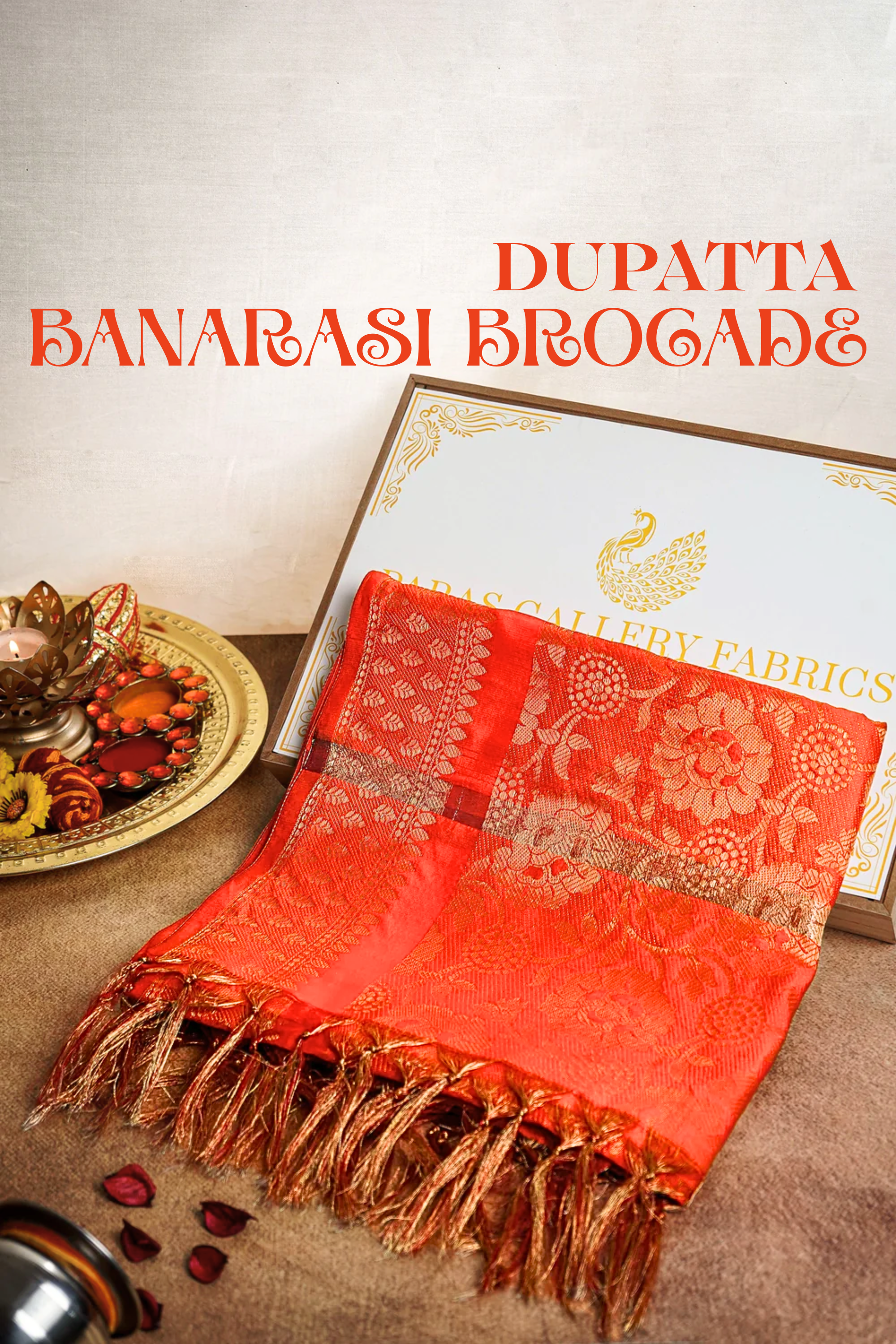 Orange Banarasi Brocade Dupatta With All Over Zari Handloom 12515