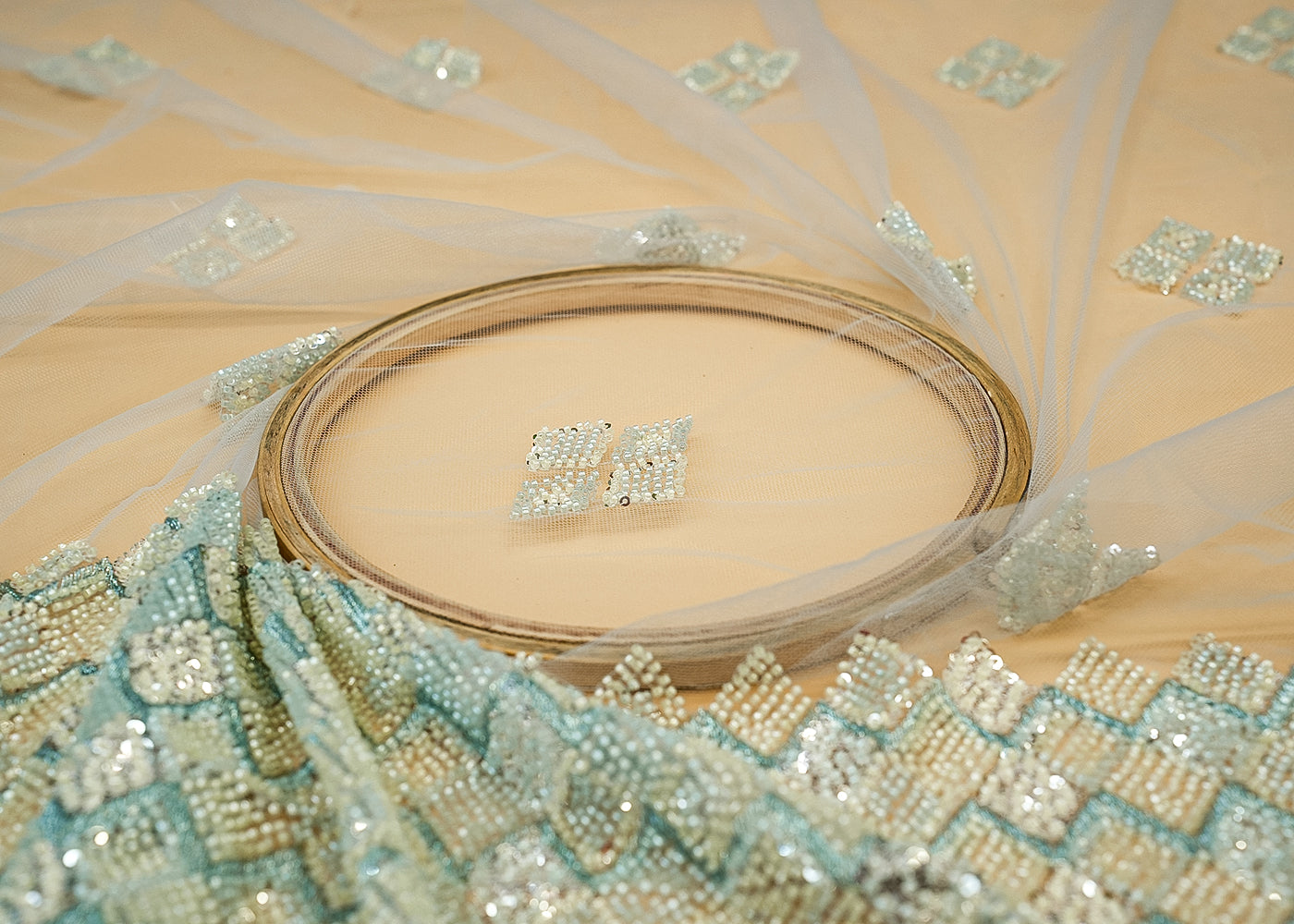 Sky Blue Imported Net with Allover Beads & Sequins Work with Heavy Border 12558