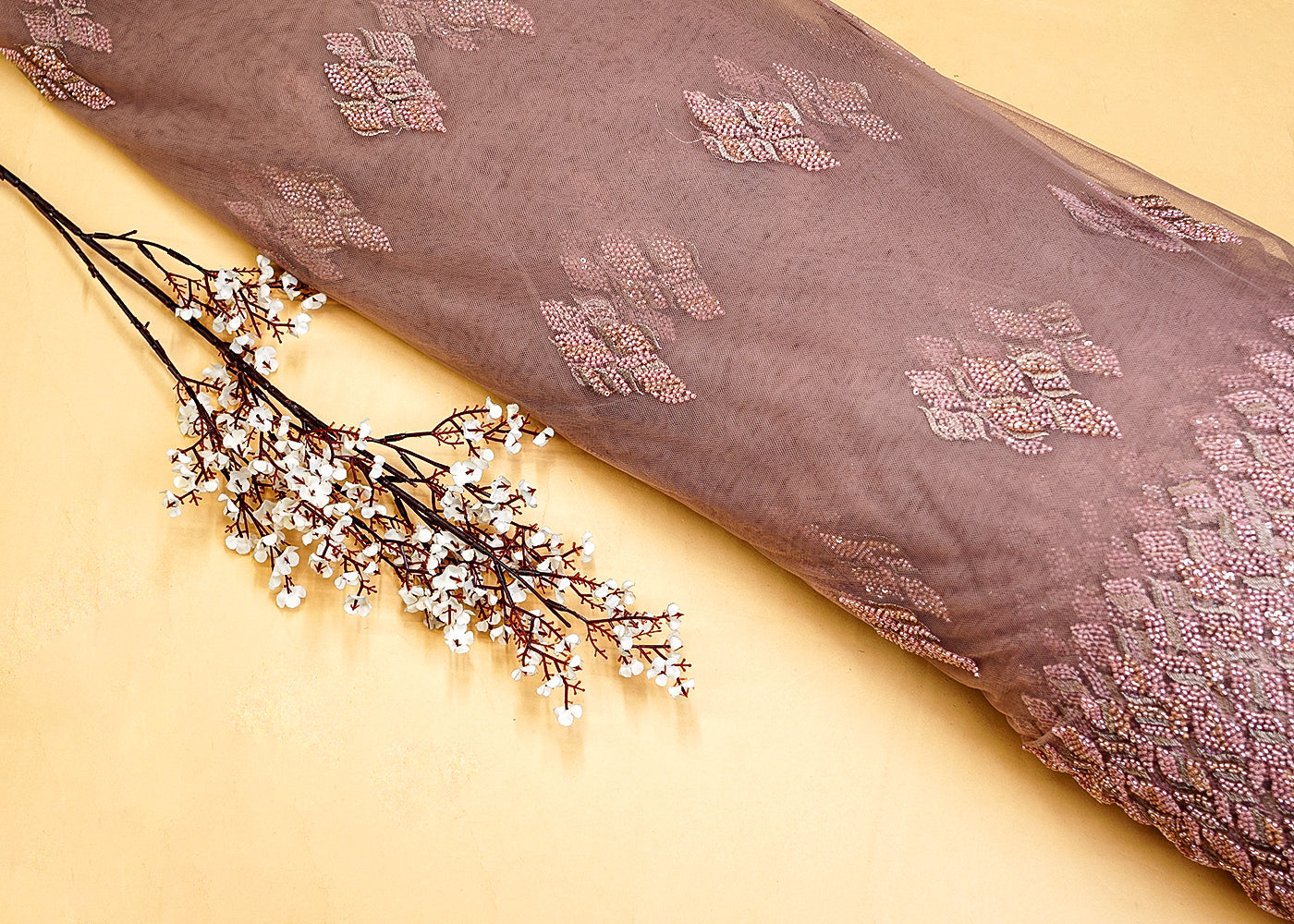 Onion Imported Net with Allover Beads & Sequins Work with Heavy Border 12560