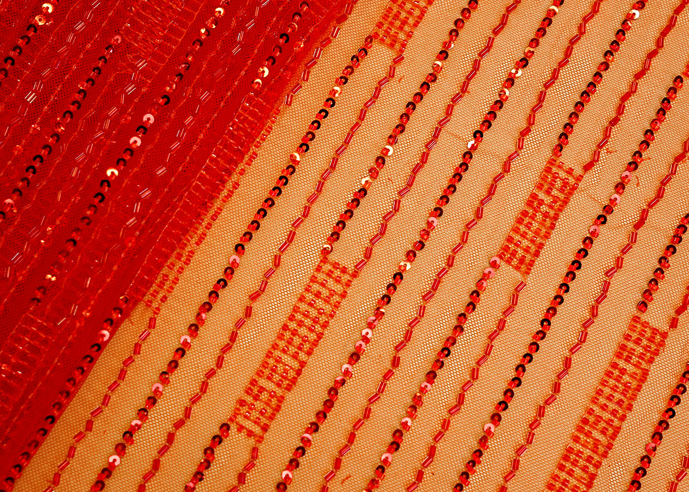 Red Imported Net with Allover Strips of Kutdana & Sequins Work 12563