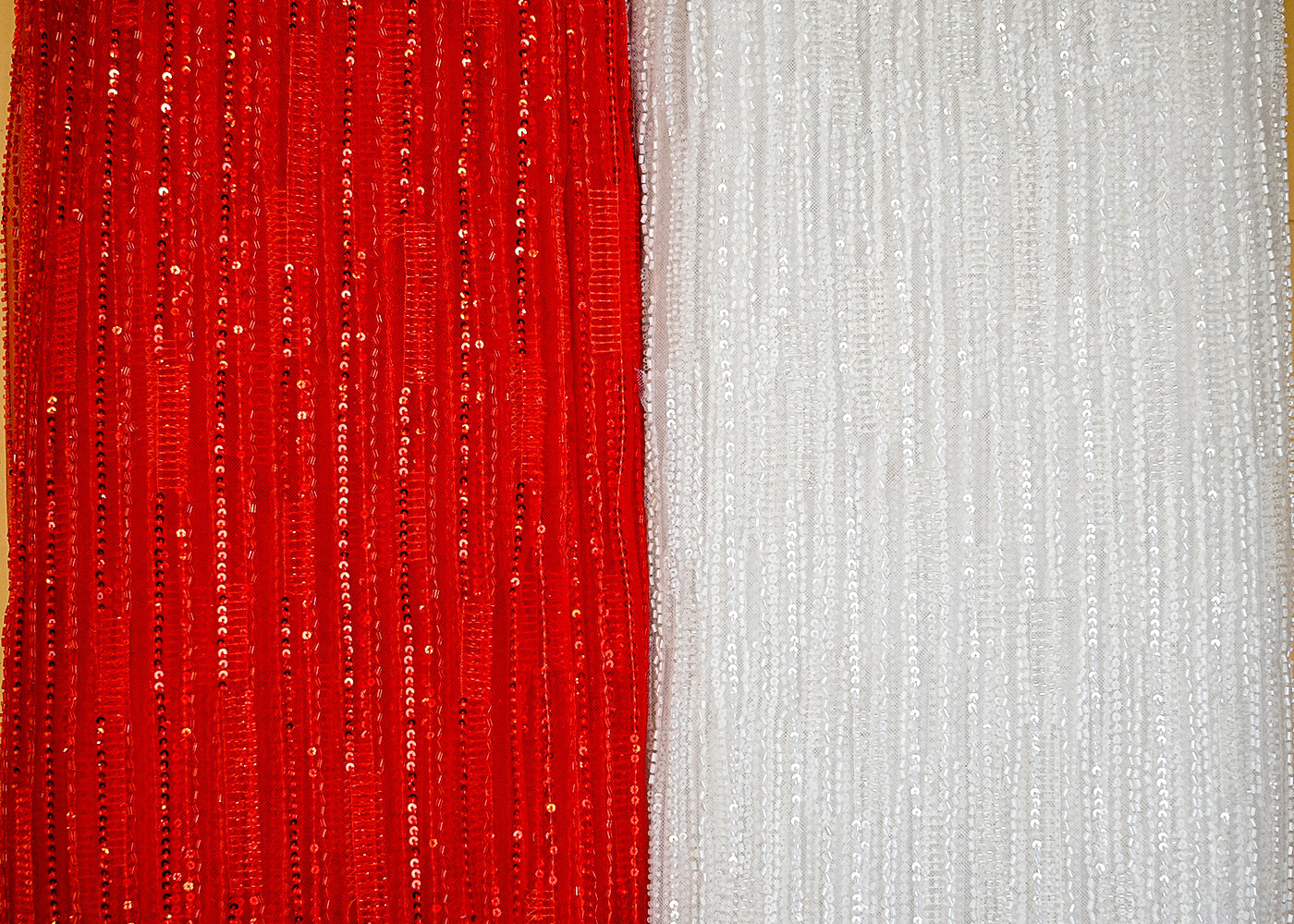 White Imported Net with Allover Strips of Kutdana & Sequins Work 12564