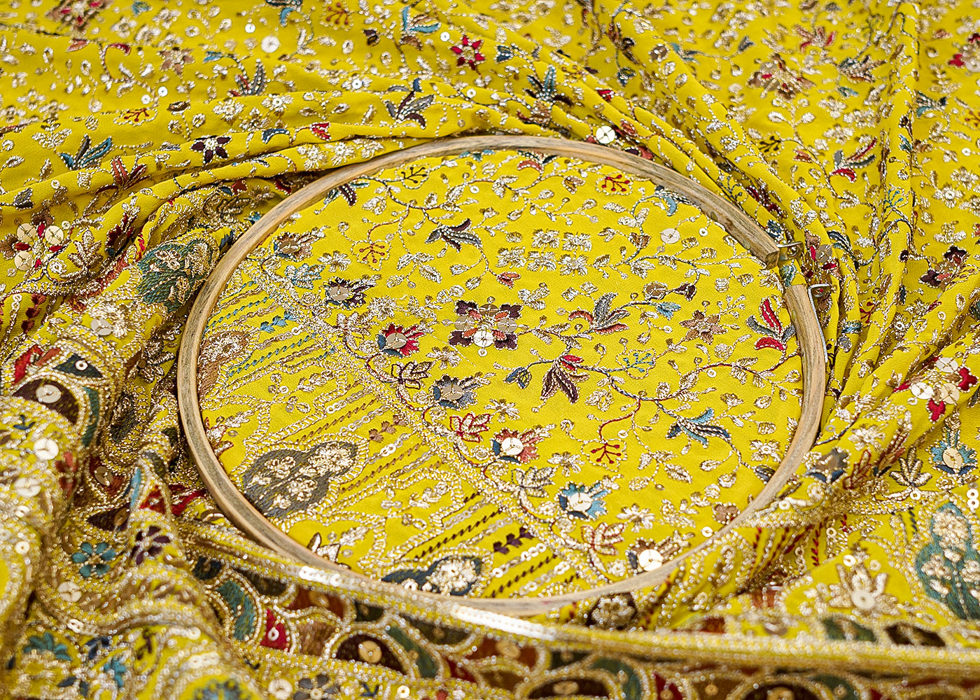 Georgette Fabric with Allover Multicolor Threadwork, Sequins & Heavy Border 12589