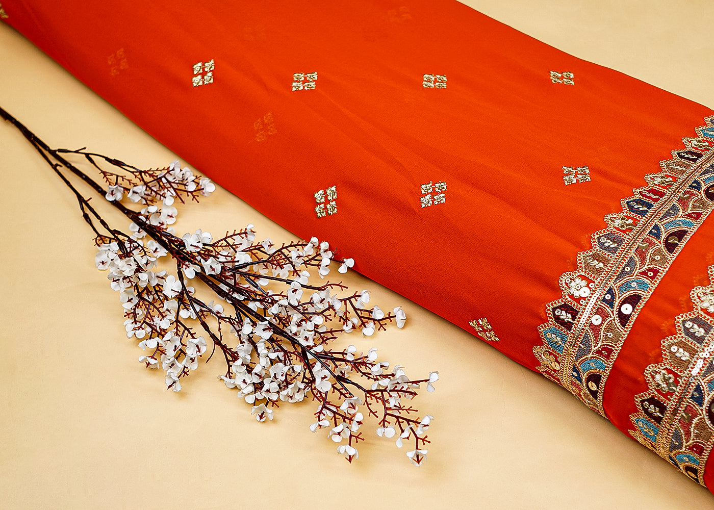 Orange Georgette Dupatta Fabric with Buti of Multicolor Threadwork, Sequins & Borders 12594