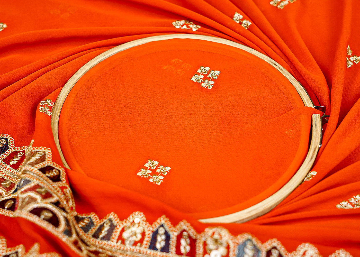 Orange Georgette Dupatta Fabric with Buti of Multicolor Threadwork, Sequins & Borders 12594