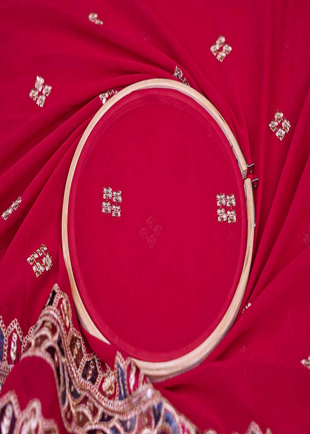 Pink-Georgette-Dupatta-Fabric-with-Buti-of-Multicolor-Threadwork,-Sequins-&-Borders-12595-close-view
