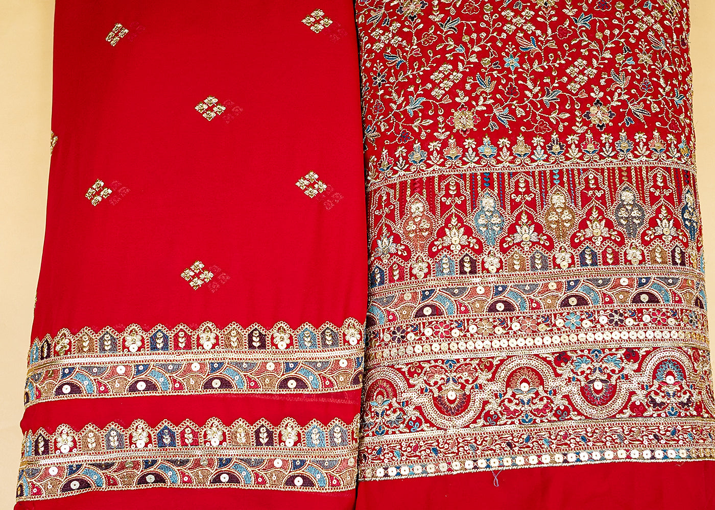Magenta Georgette Dupatta Fabric with Buti of Multicolor Threadwork, Sequins & Borders 12595