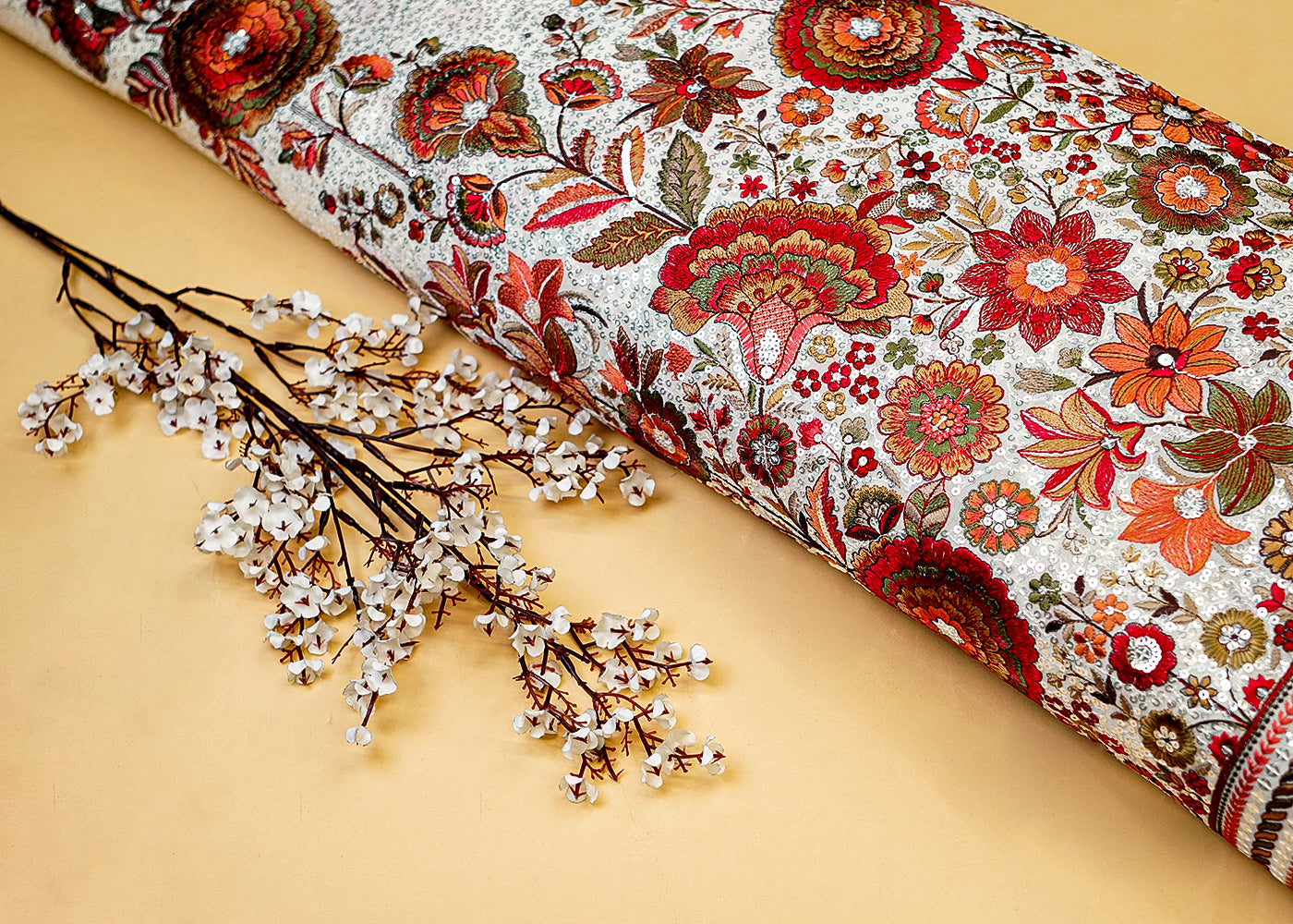 Off-White Georgette Fabric with Allover Multicolor Threadwork, Sequins & Heavy Border 12597