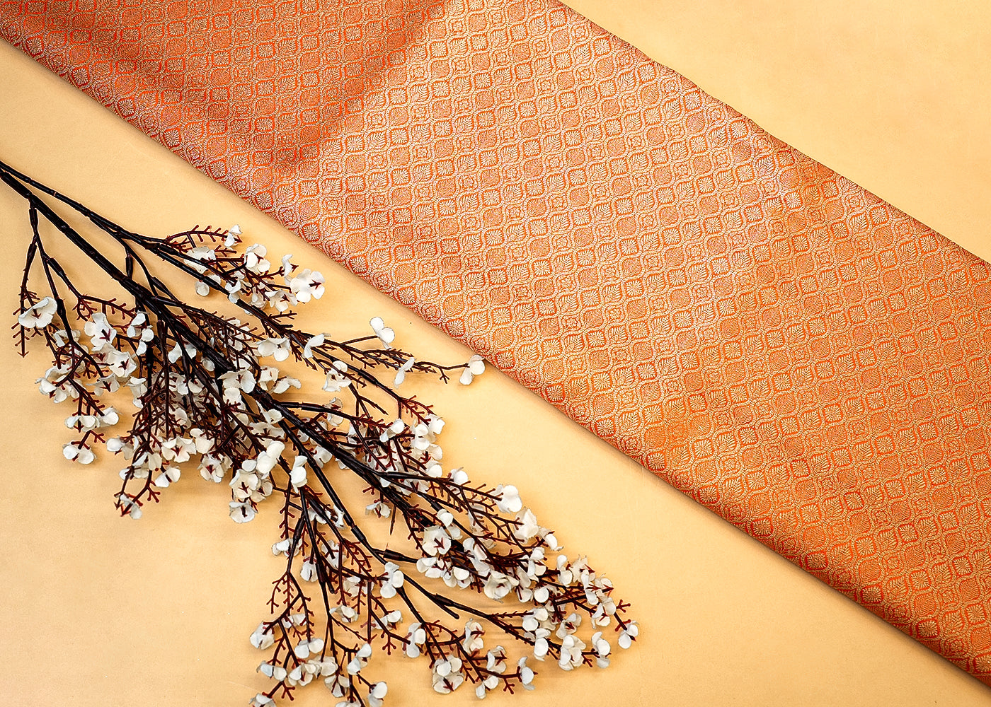 Orange Banarasi Brocade with Allover Golden Thread Handloom 12707