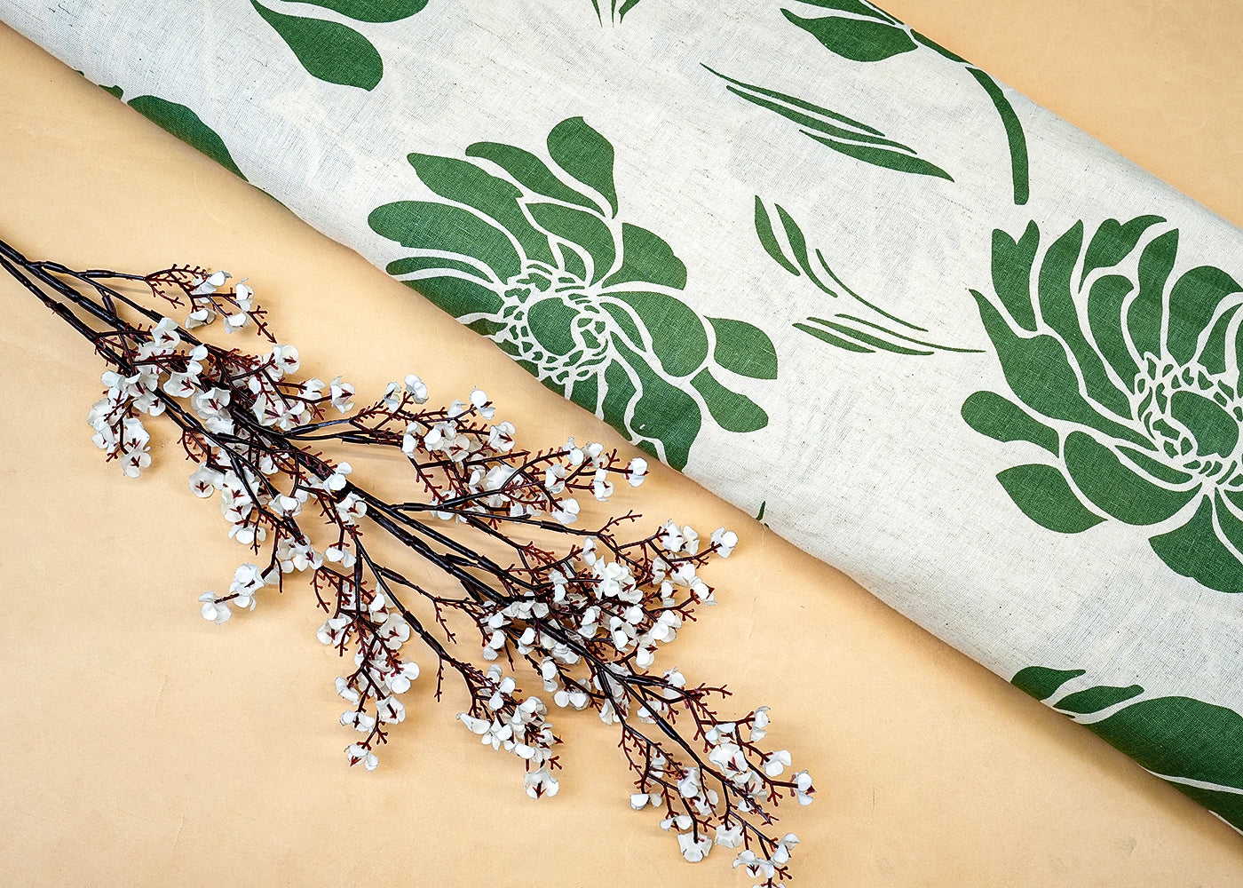 Green Cotton Flex Fabric with Allover Hand Block Floral Print 12729