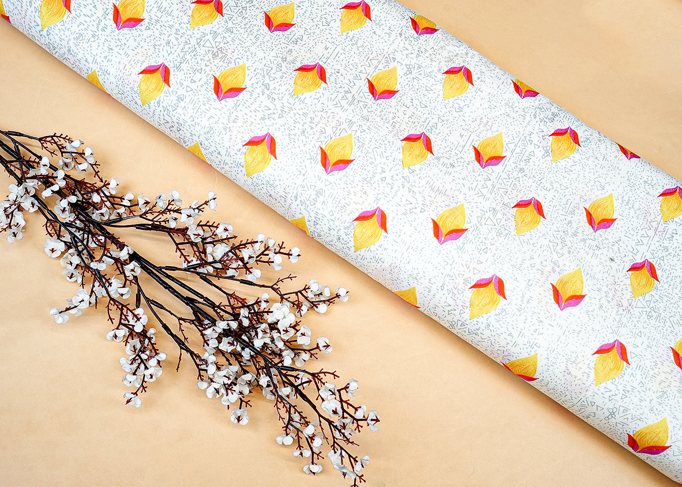 Yellow Cotton Flex Fabric with Allover Base Print and Small Flowers 12734