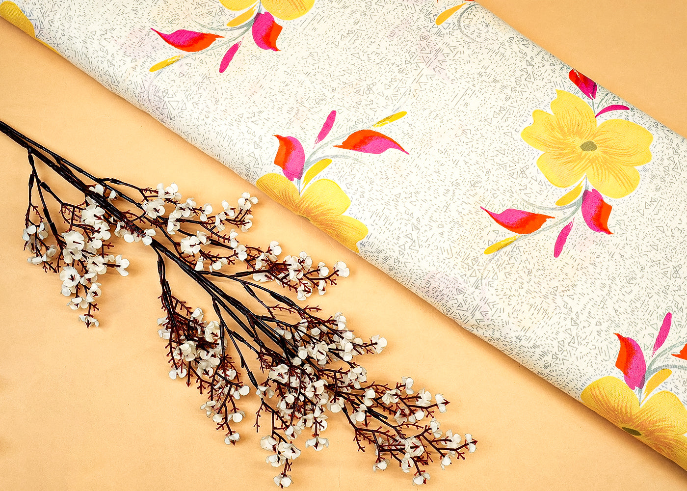 Yellow Cotton Flex Fabric with Allover Base Print and Big Flowers 12735