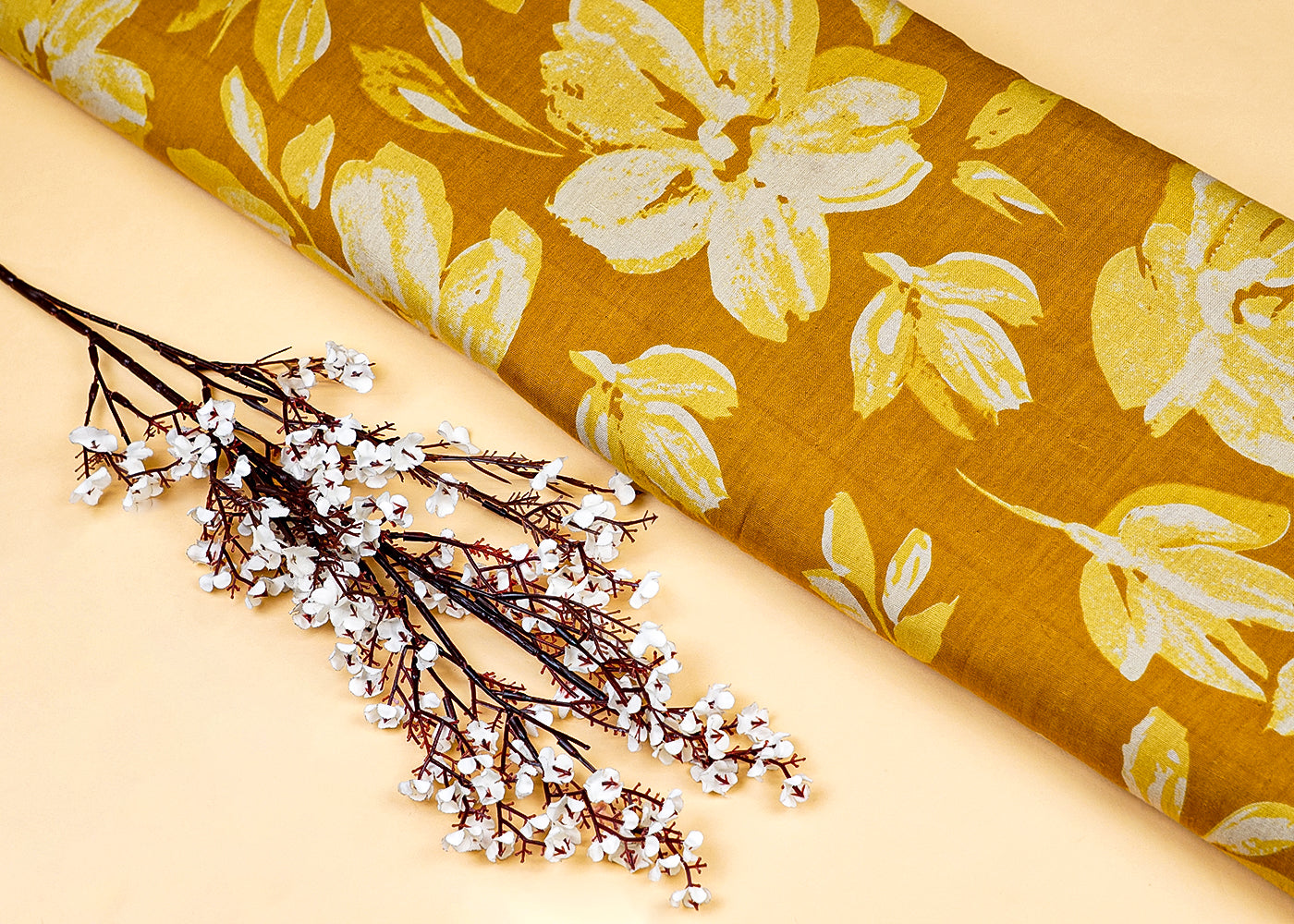 Mustard Cotton Flex Fabric with Allover Batik Floral Print 12742