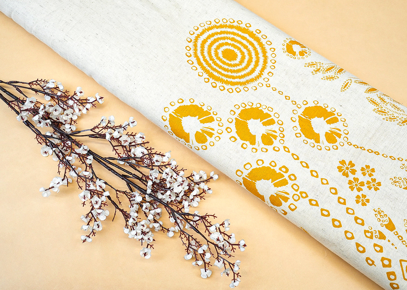 Yellow Cotton Flex Fabric with Allover Hand Block Traditional Flower Print 12743