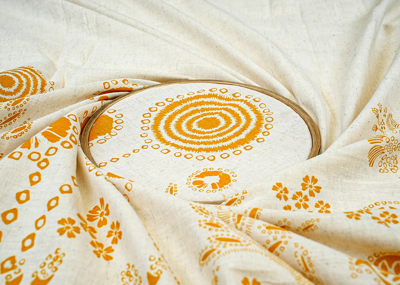Yellow Cotton Flex Fabric with Allover Hand Block Traditional Flower Print 12743