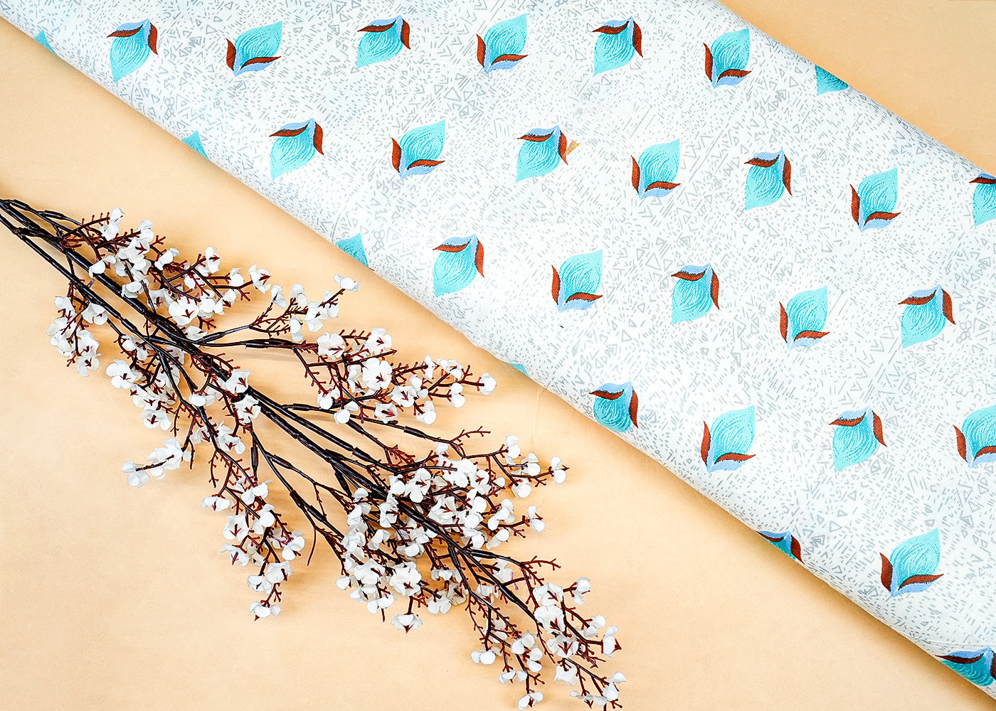 Sea Blue Cotton Flex Fabric with Allover Base Print and Small Flowers 12744