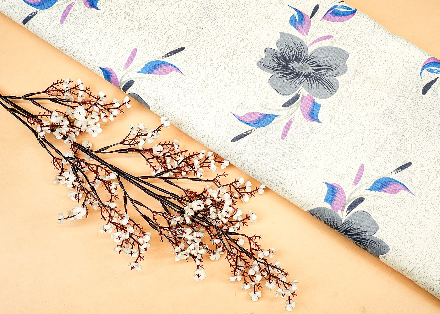 Grey Cotton Flex Fabric with Allover Base Print and Big Flowers 12745