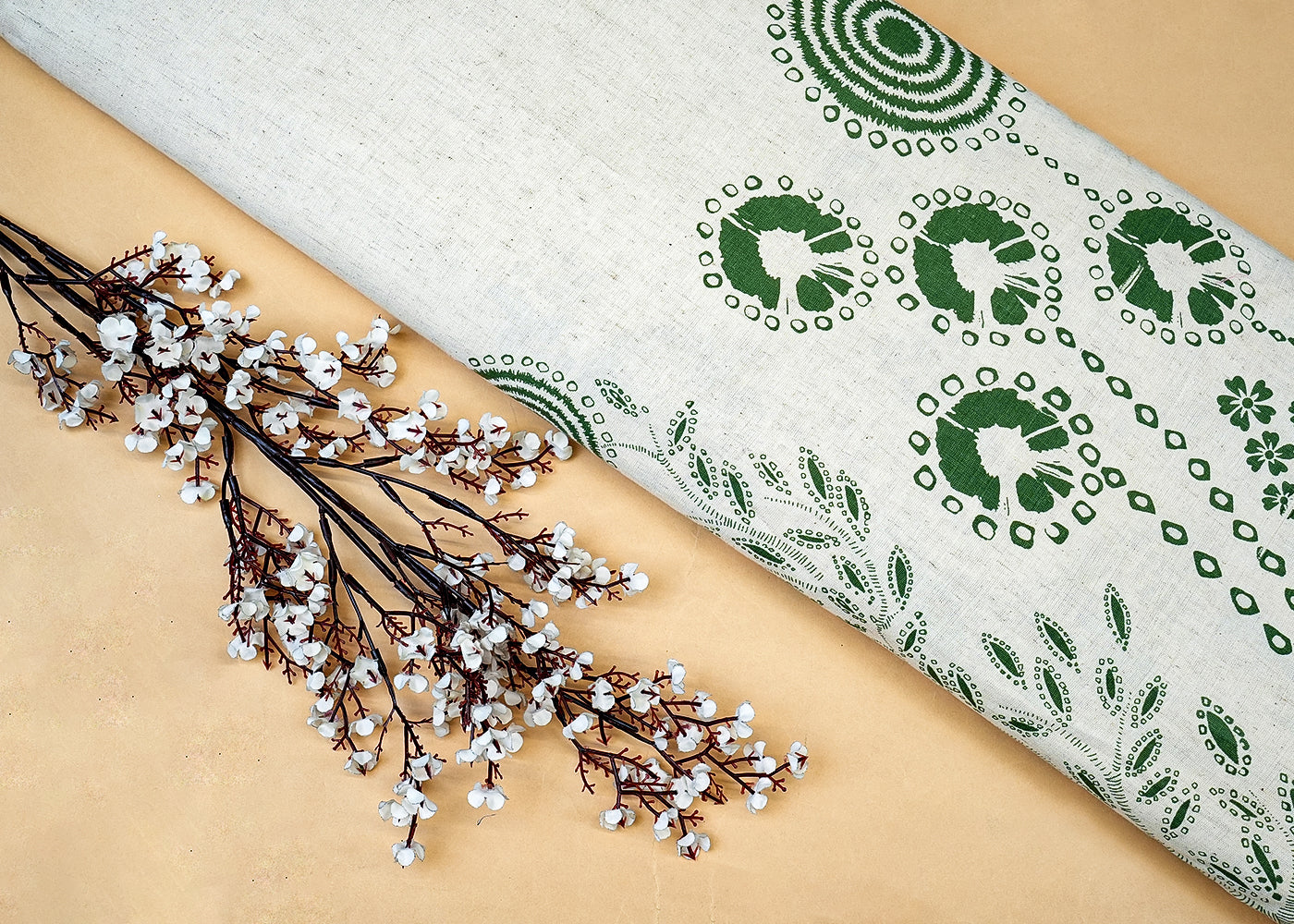 Green Cotton Flex Fabric with Allover Hand Block Animal Border Print 12746