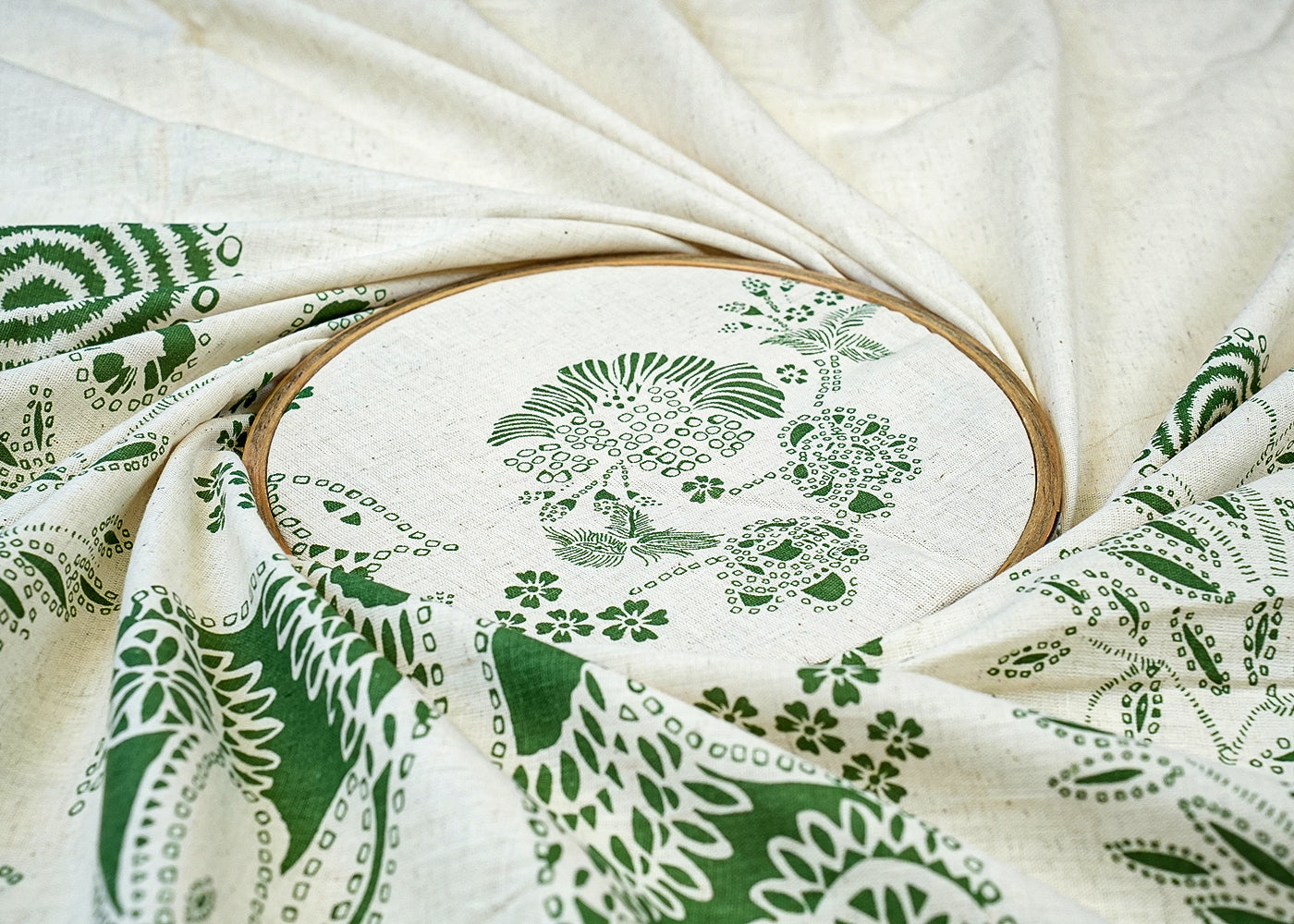 Green Cotton Flex Fabric with Allover Hand Block Animal Border Print 12746