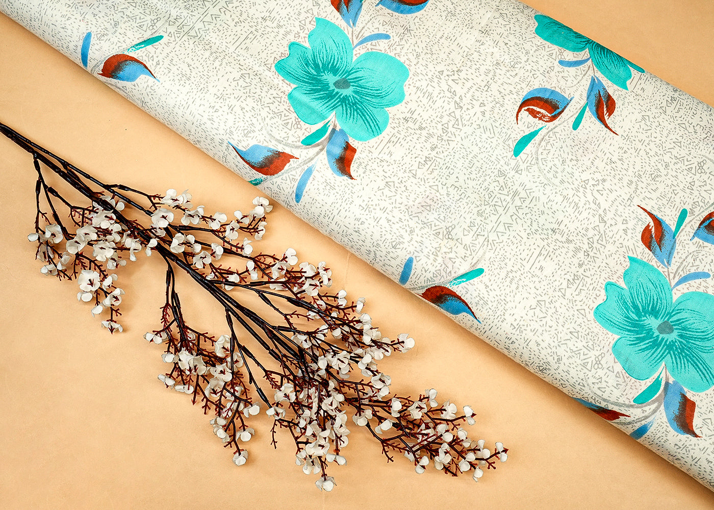 Sea Blue Cotton Flex Fabric with Allover Base Print and Big Flowers 12747