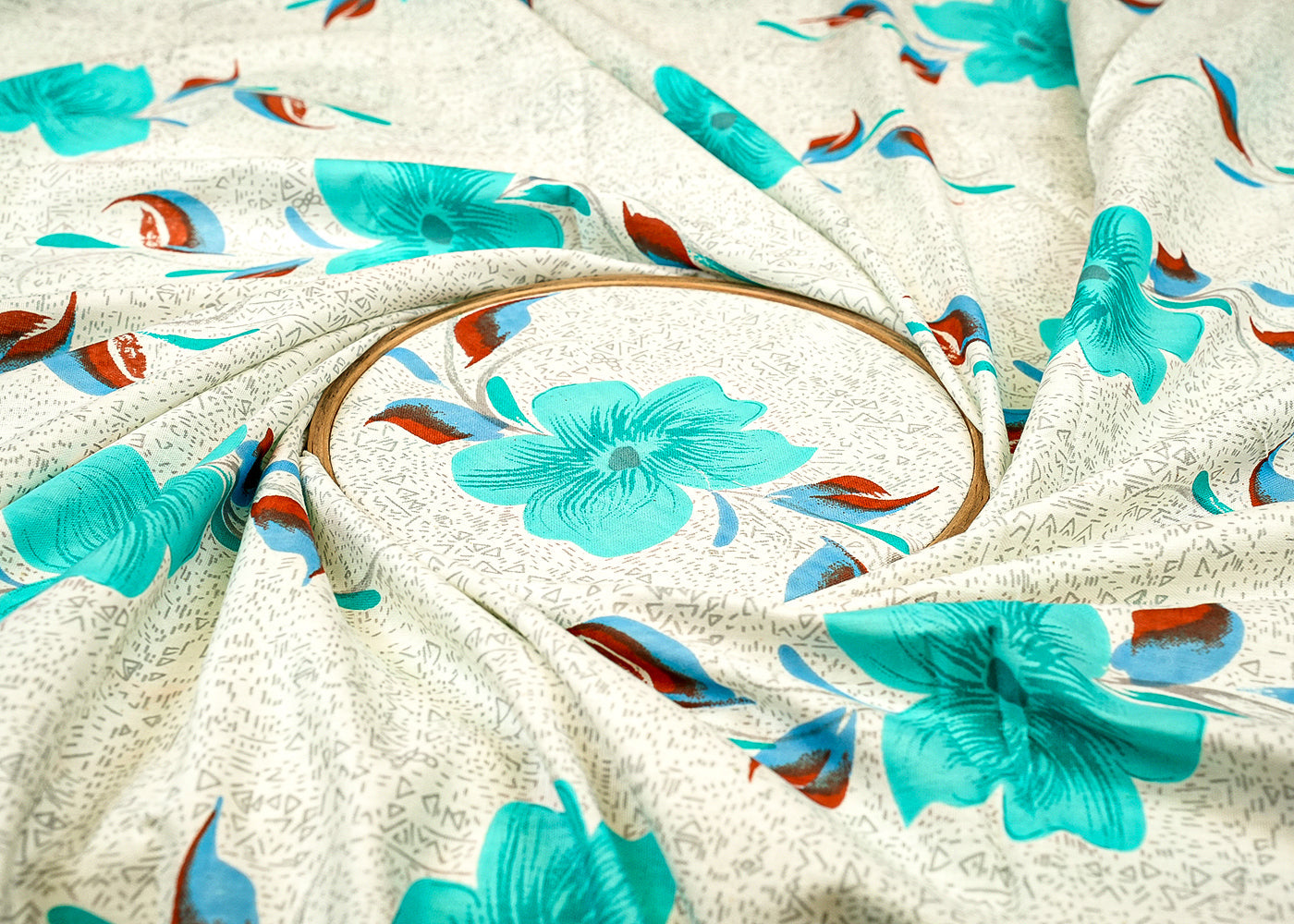 Sea Blue Cotton Flex Fabric with Allover Base Print and Big Flowers 12747