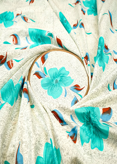 Sea Blue Cotton Flex Fabric with Allover Base Print and Big Flowers 12747