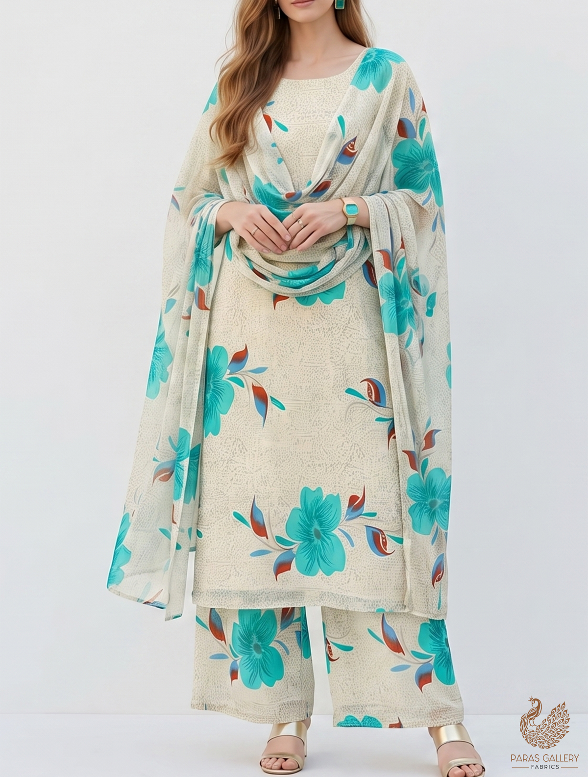Sea Blue Cotton Flex Fabric with Allover Base Print and Big Flowers 12747