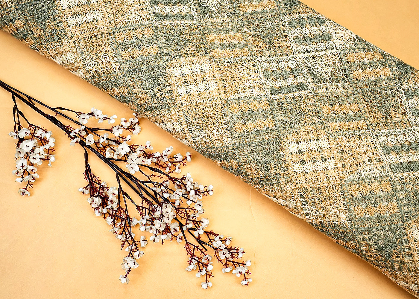 Green Crochet fabric with abstract pattern of multicolor thread 12748