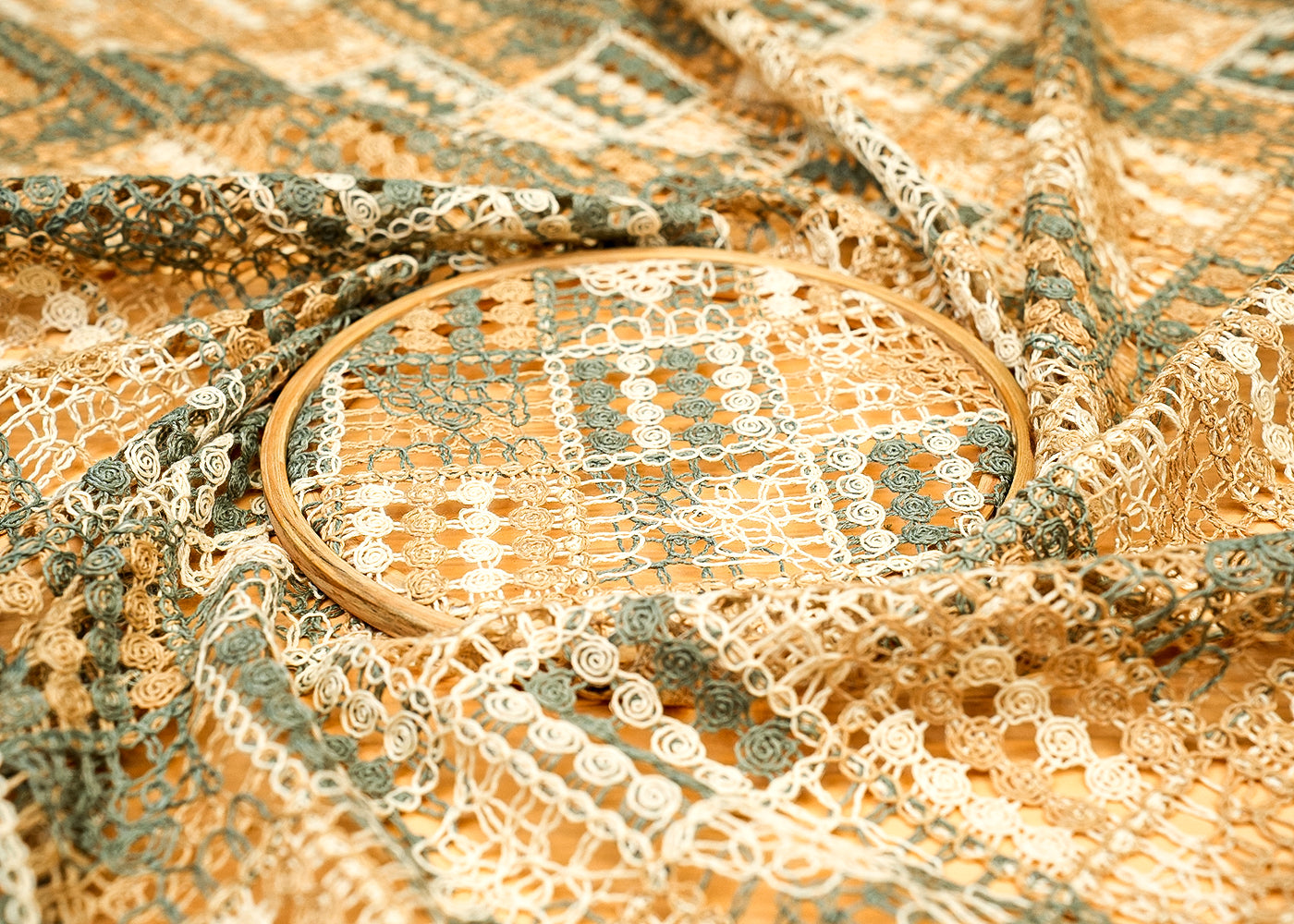 Green Crochet fabric with abstract pattern of multicolor thread 12748