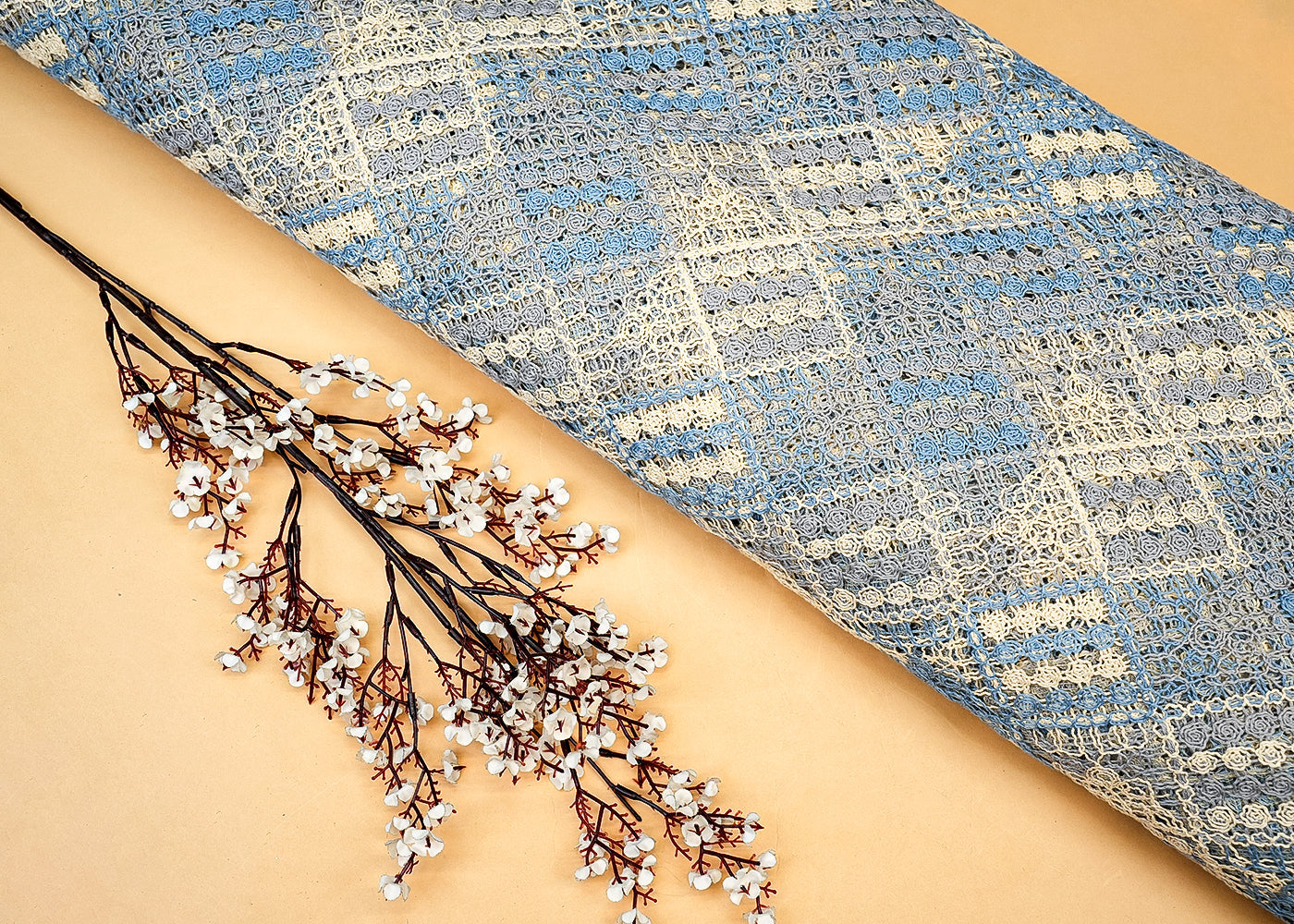 Sky Blue Crochet fabric with abstract pattern of multicolor thread 12749