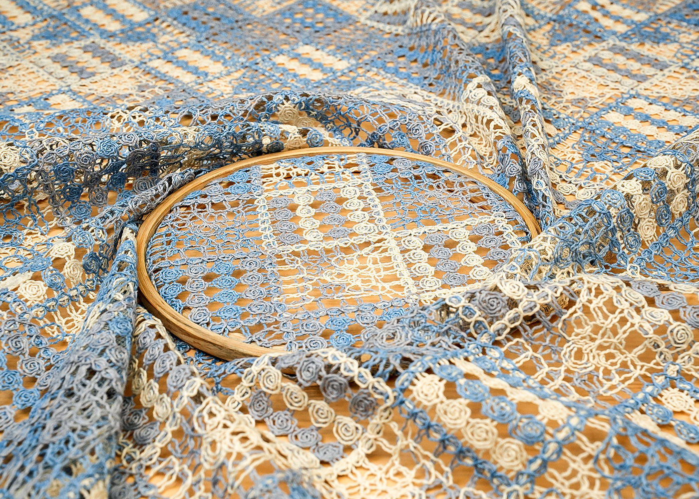 Sky Blue Crochet fabric with abstract pattern of multicolor thread 12749