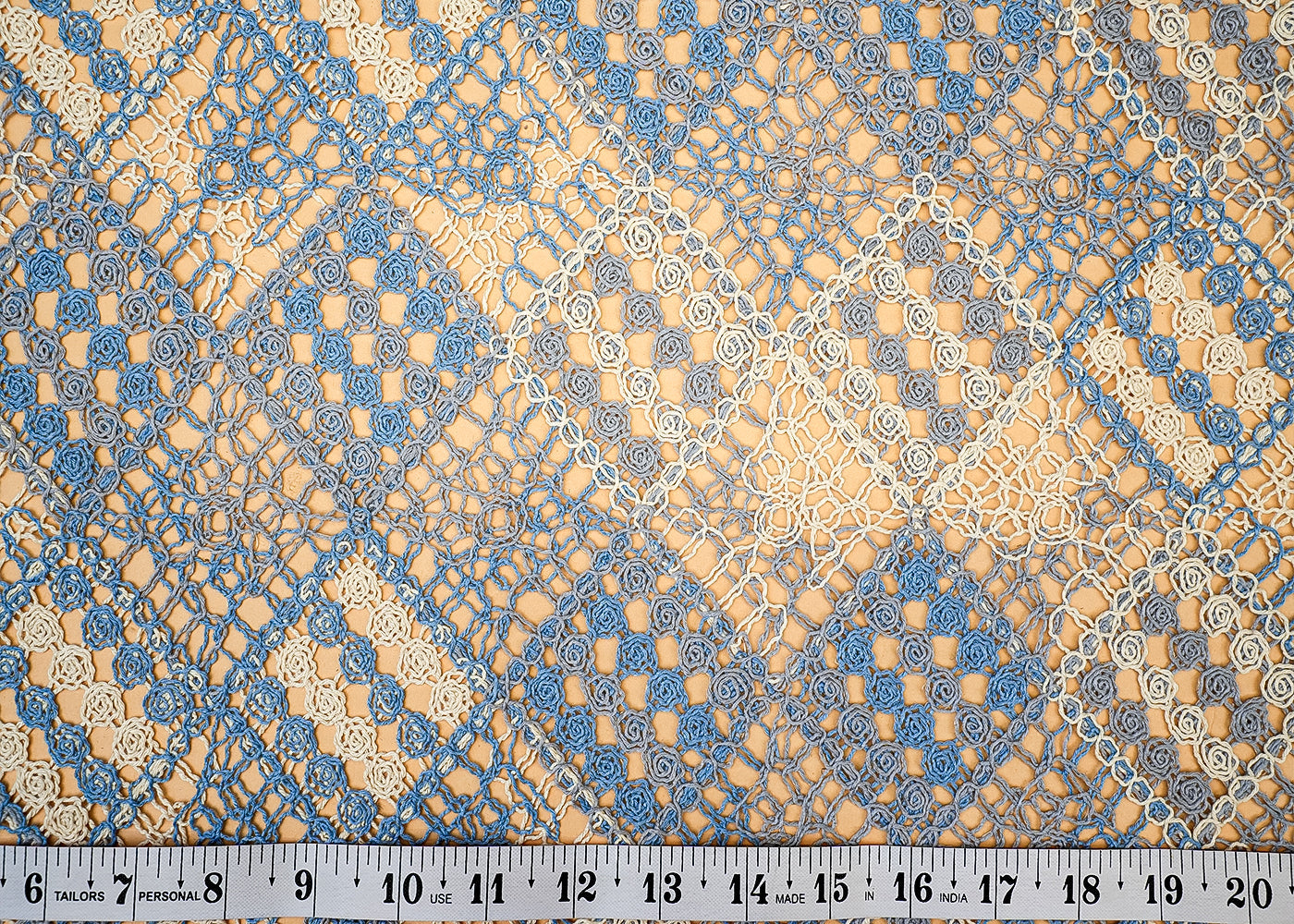 Sky Blue Crochet fabric with abstract pattern of multicolor thread 12749