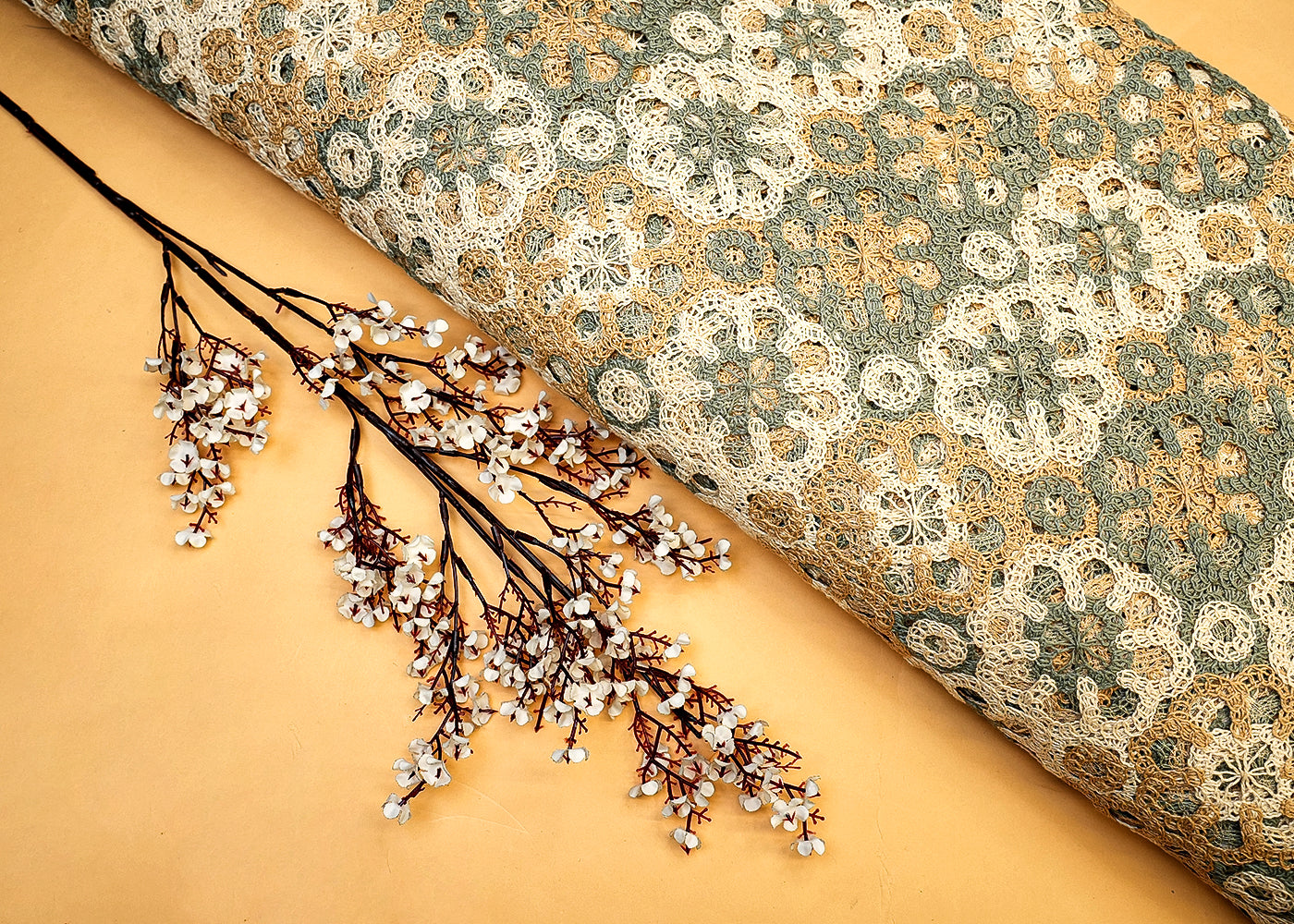 Teal Green Crochet Fabric with Floral Pattern of Multicolor Thread 12754
