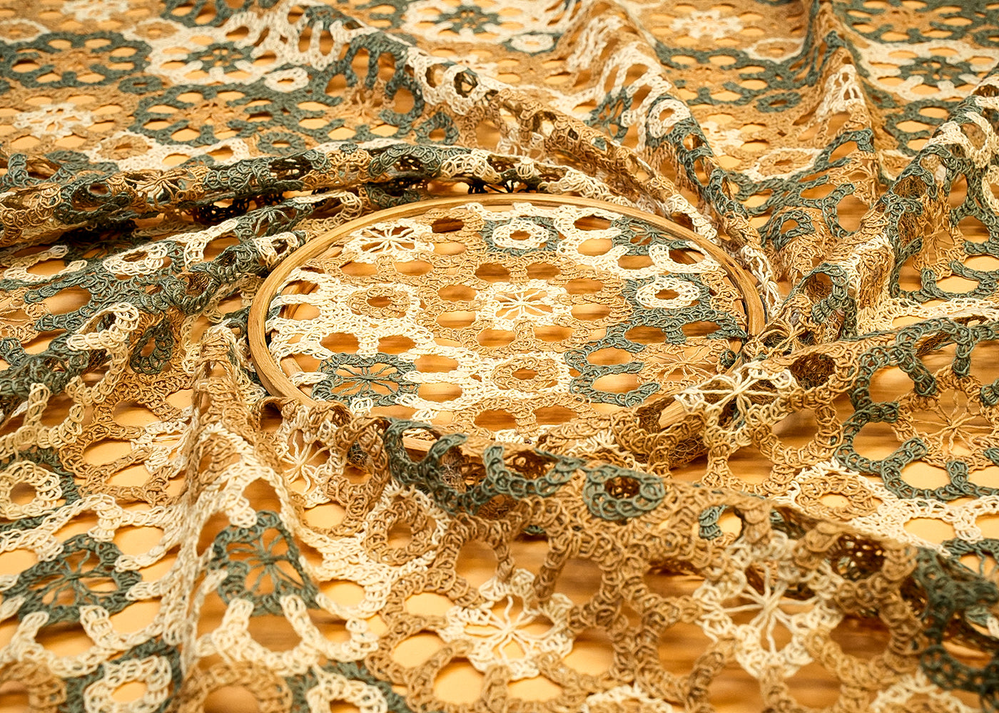 Teal Green Crochet Fabric with Floral Pattern of Multicolor Thread 12754