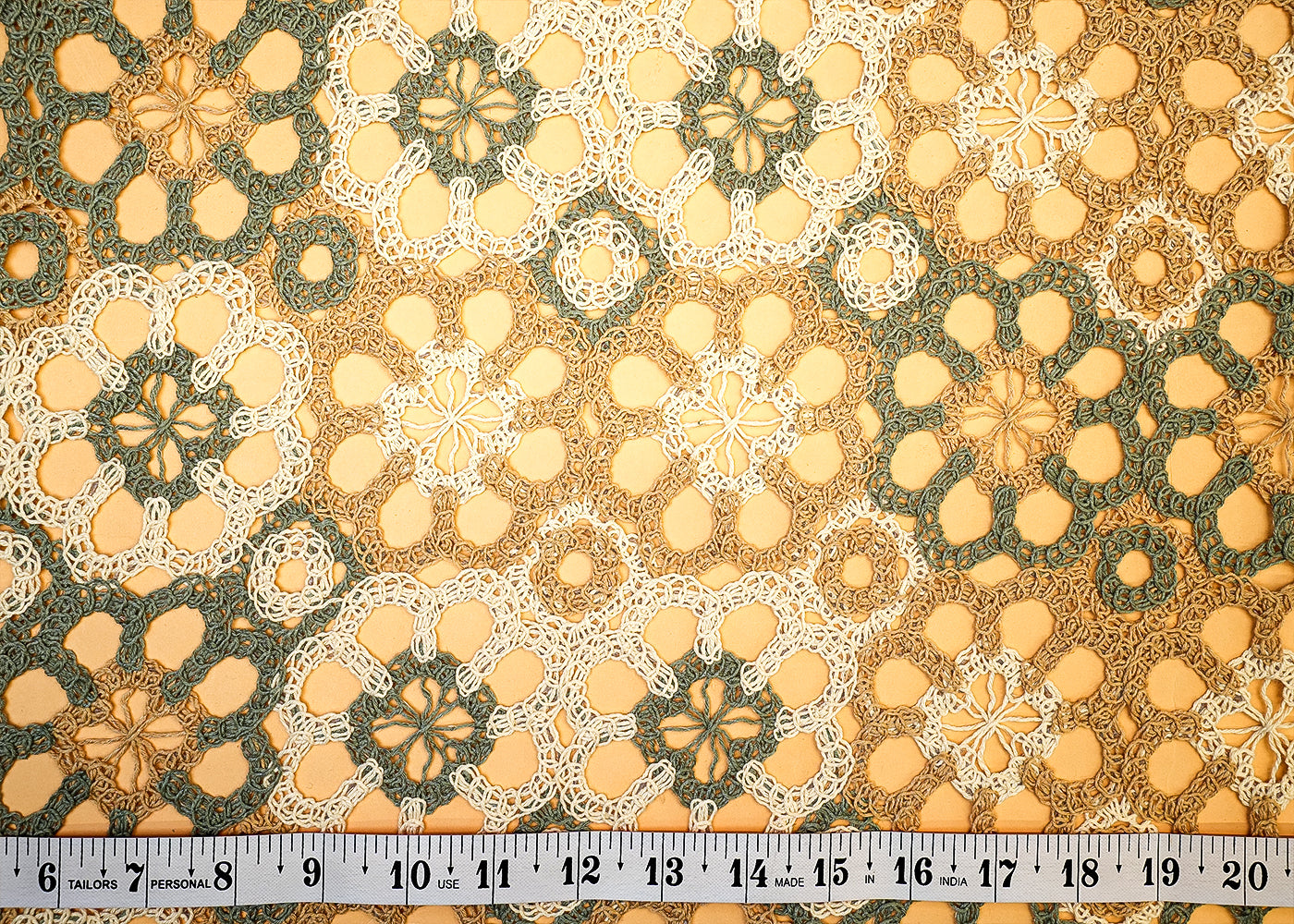 Teal Green Crochet Fabric with Floral Pattern of Multicolor Thread 12754