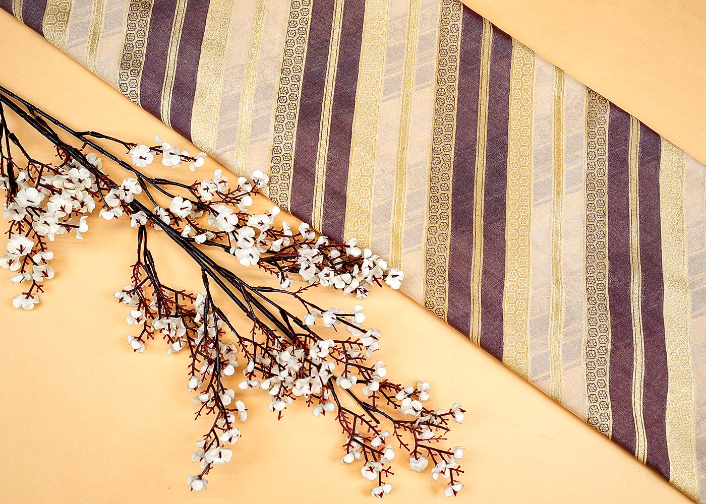 Mauve Banarasi brocade with Allover Strips with Golden Thread Handloom 12771