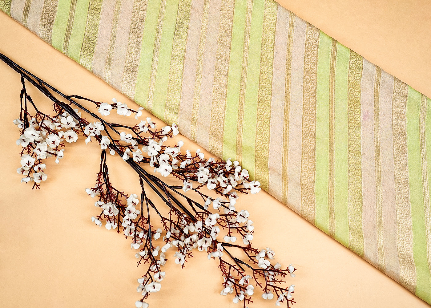 Sea Green Banarasi brocade with Allover Strips with Golden Thread Handloom 12774